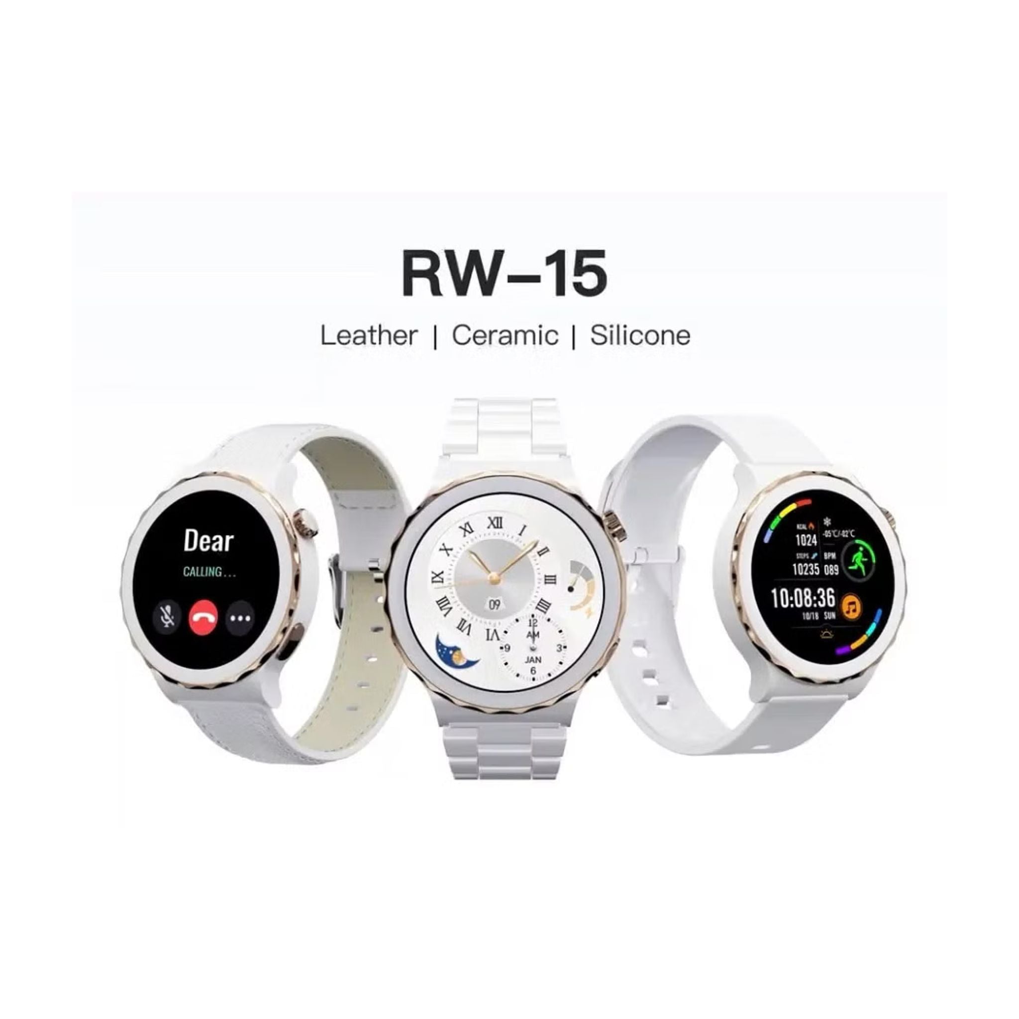 Haino Teko RW-15 Smartwatch with 3 Replacement Bands (Ceramic, Leather & Silicone) and Wireless Charger – Gold