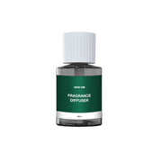A white and green glass fragrance diffuser bottle with a white cap and label that reads 'FRAGRANCE DIFFUSER'.