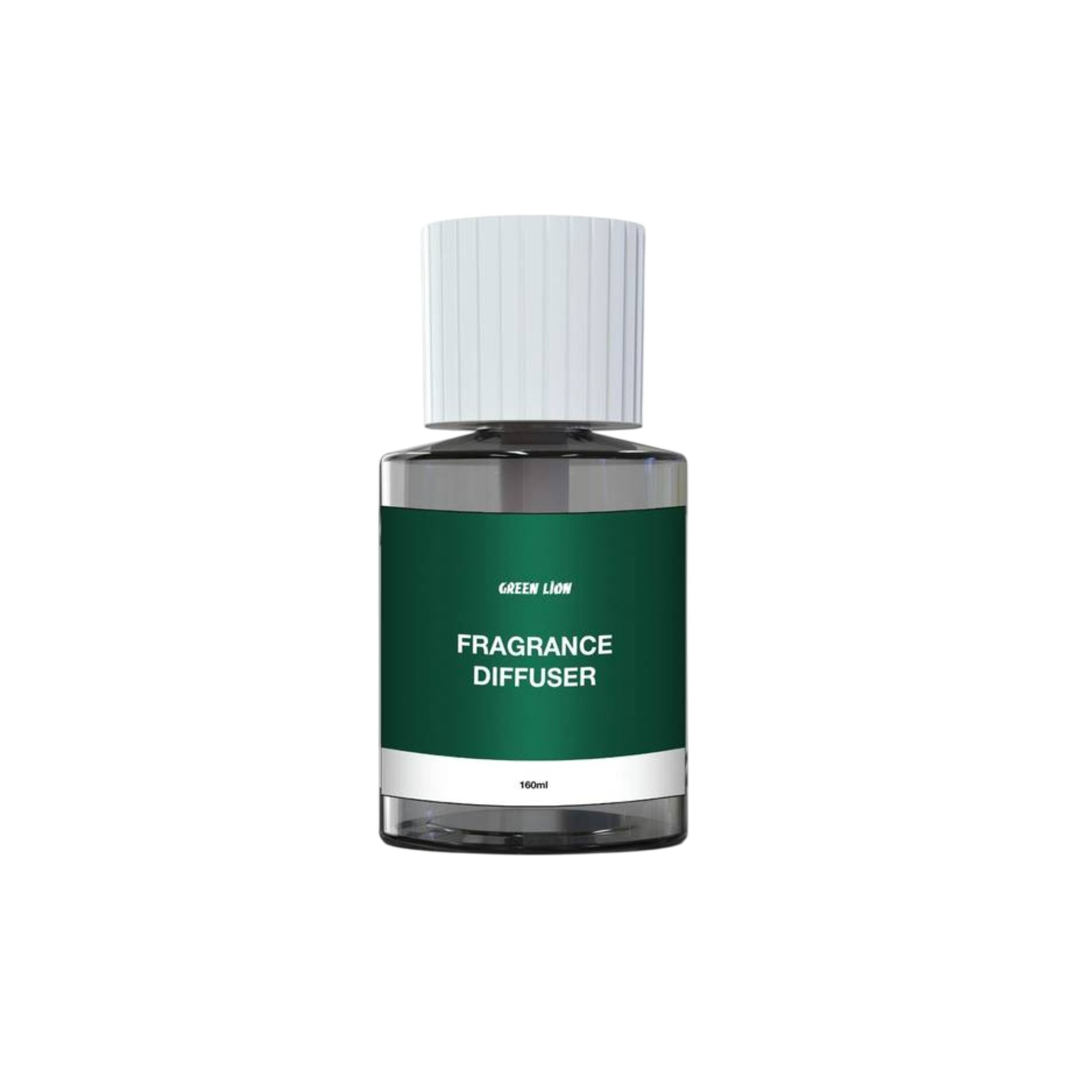 A white and green glass fragrance diffuser bottle with a white cap and label that reads 'FRAGRANCE DIFFUSER'.
