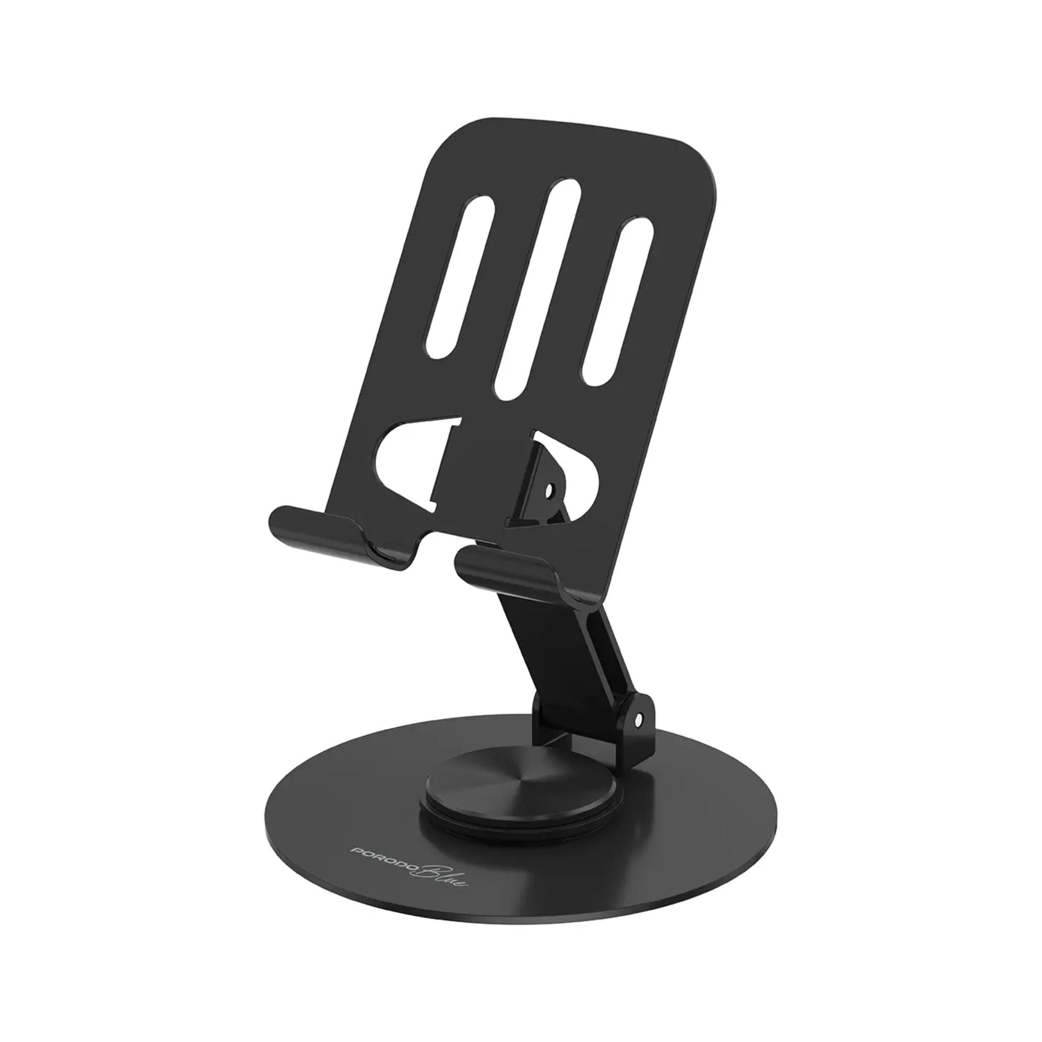 Porodo Blue Desktop Phone Holder with 360° Rotating Base, Foldable Adjustable Arm, Stable Non-Slip Base, Aluminum Alloy & Carbon Steel Build, Universal Compatibility for Horizontal & Vertical Viewing – Black