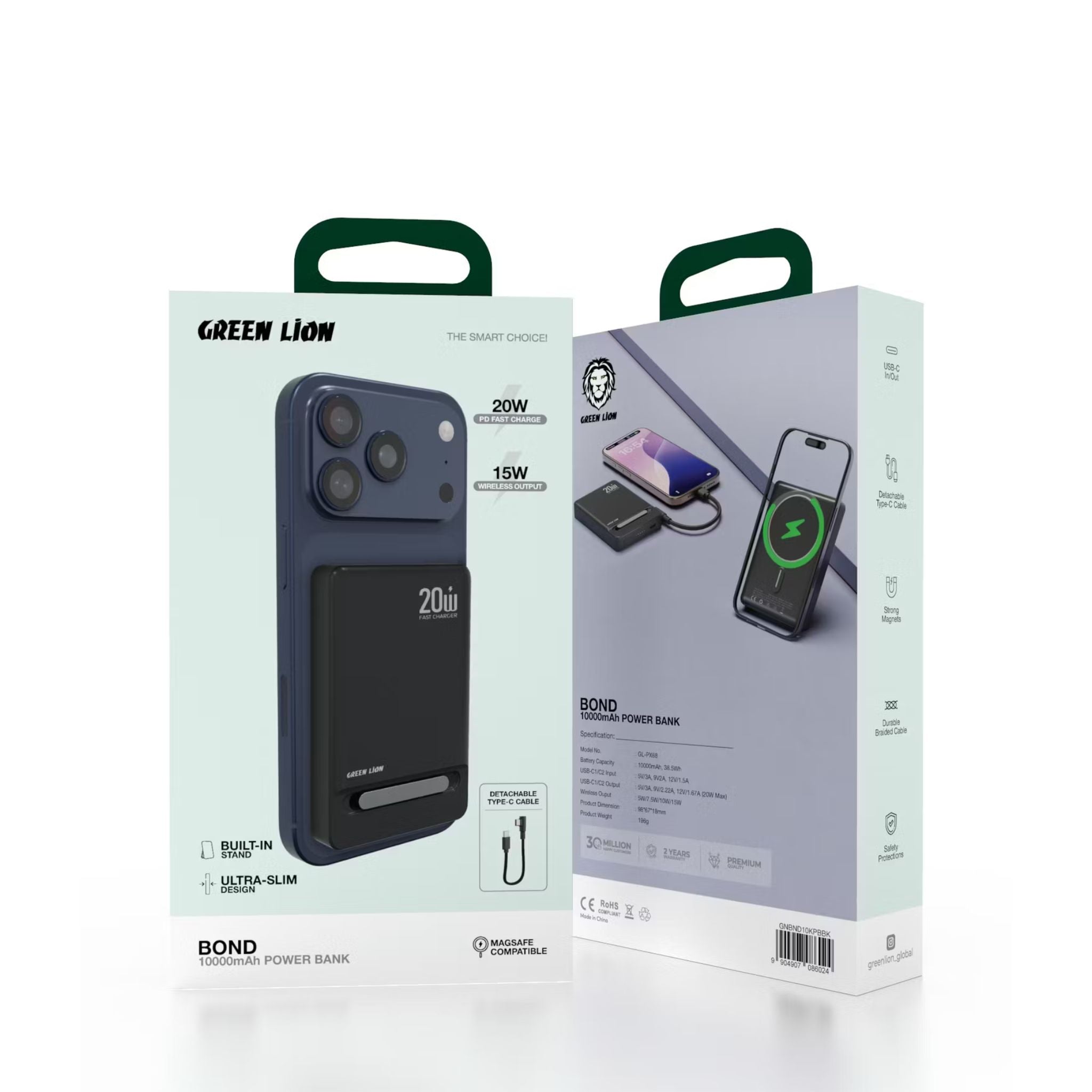 Green Lion Bond 10000mAh Power Bank with Safety Protections, Durable Braided Cable, Strong Magnets, Detachable Type-C Cable, Built-in Stand, MagSafe Compatibility, Ultra-Slim Design - Black
