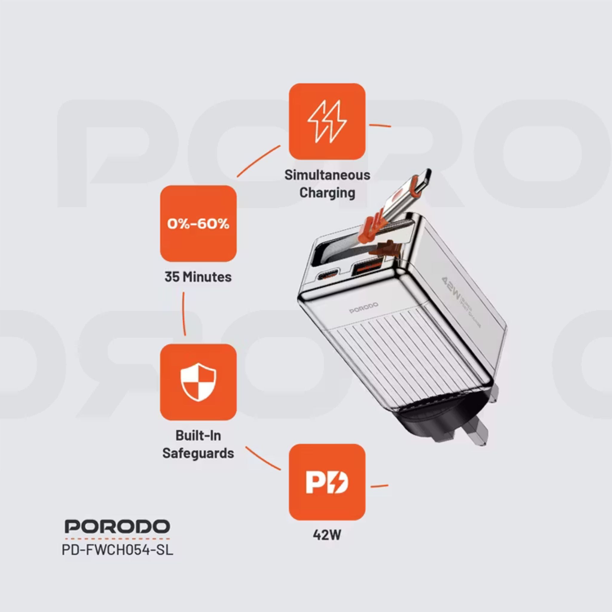 Porodo Super Quick GaN Charger with 75cm Retractable Type-C Cable, 42W Power Delivery, Simultaneous Charging, 22.5W USB-A Output, Built-in Safeguards - Silver