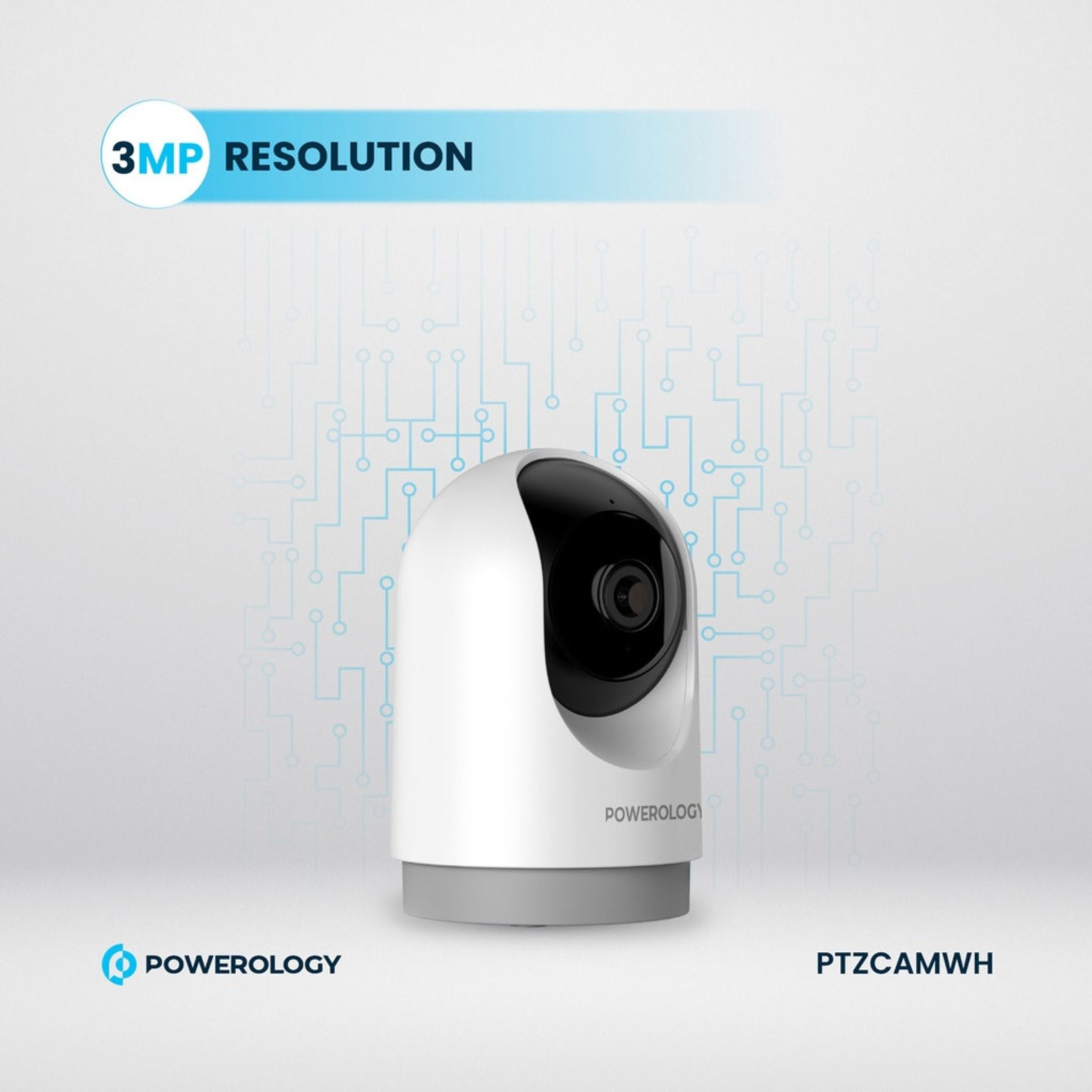 Powerology Indoor PTZ Smart Camera, 3MP 2304×1296 Resolution, Pan & Tilt Control, Human Detection, Motion Sensor, Two-Way Audio, Night Vision 8–10m, 2.4GHz Wi-Fi, TF Card Support up to 256GB, Android & iOS Compatible – White