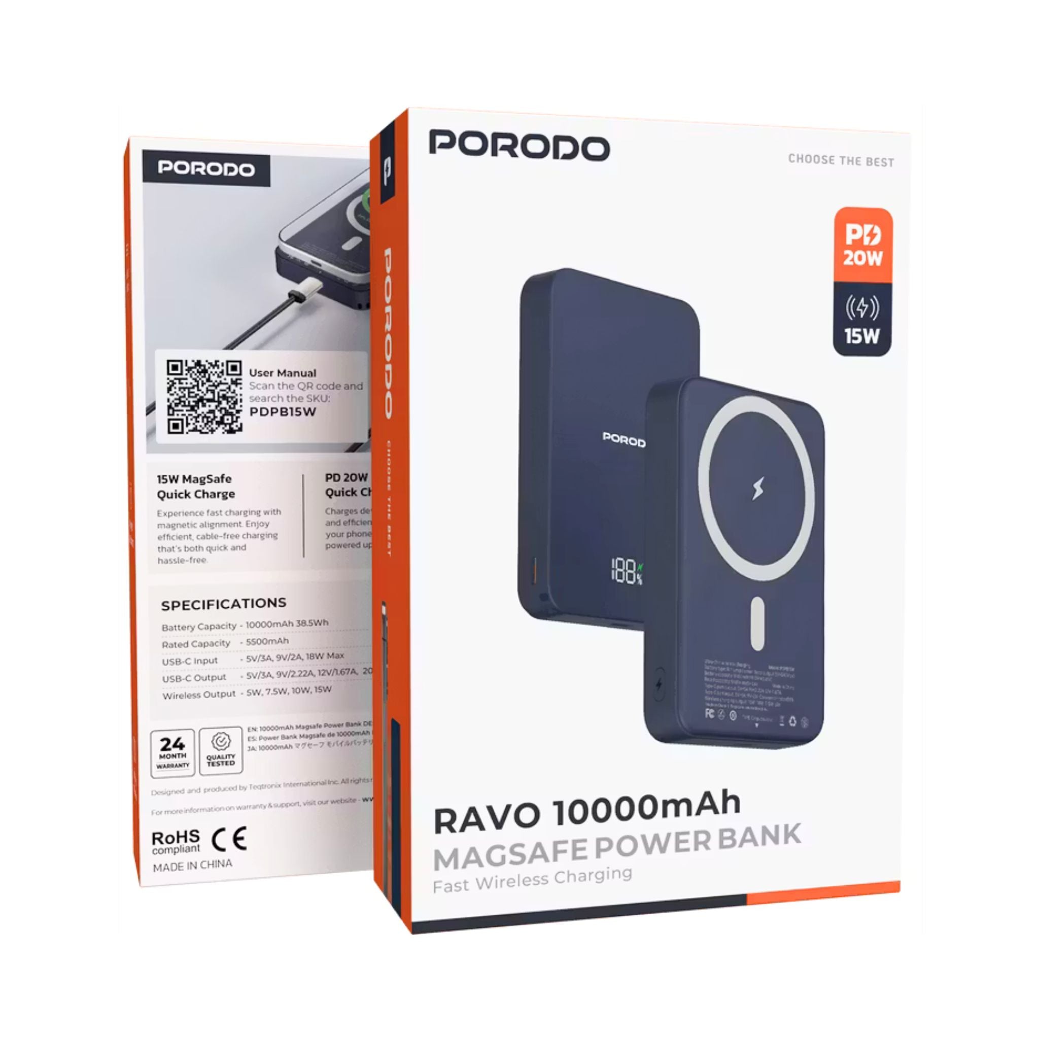 Porodo Ravo MagSafe 10000mAh Power Bank with Type-C Input & Output Port, 15W Wireless & 20W PD Charging, LED Battery Indicator, Compact & Portable Design - Blue