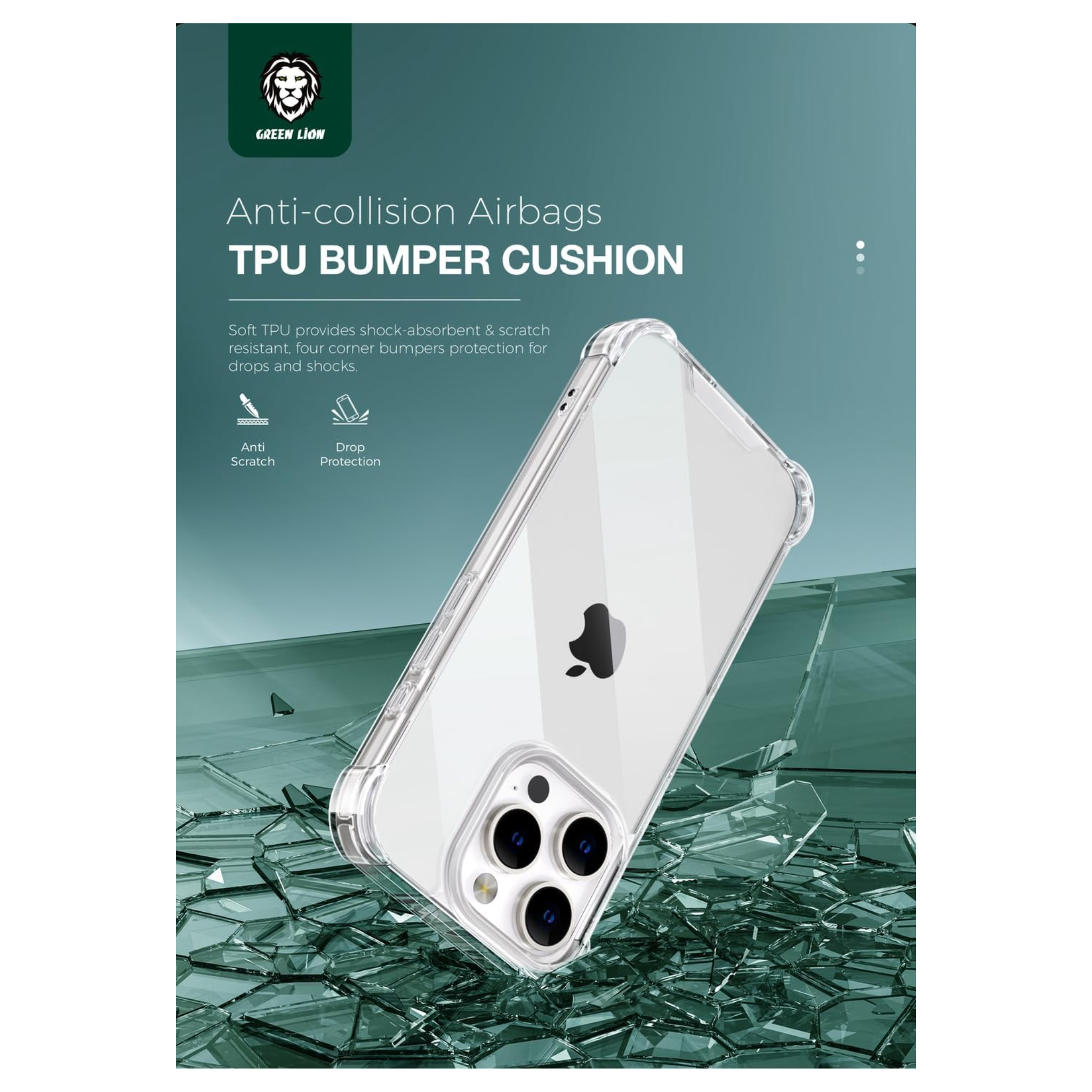 Green Lion Case For iPhone 16 Pro Anti-Shock Bumper Cover, Drop Protection, Camera Protection, Anti Scratch, Hybrid Protection, None-Yellowing Clear Cover, Comfortable Feel, Durable Build - Clear