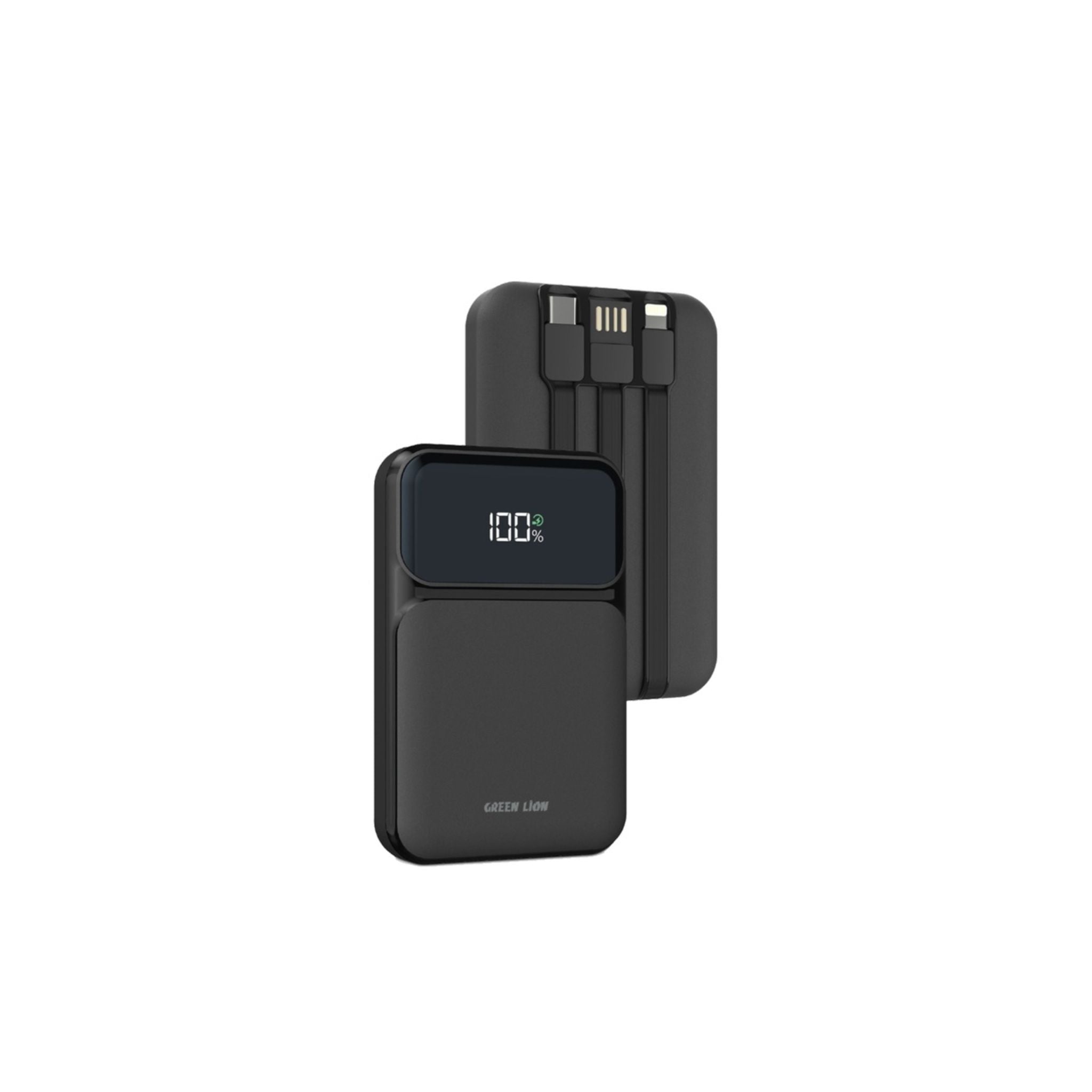 A black Green Lion 3 in 1 integrated power bank with a digital display showing battery percentage, featuring a PD 20W charging port and a USB-A port.
