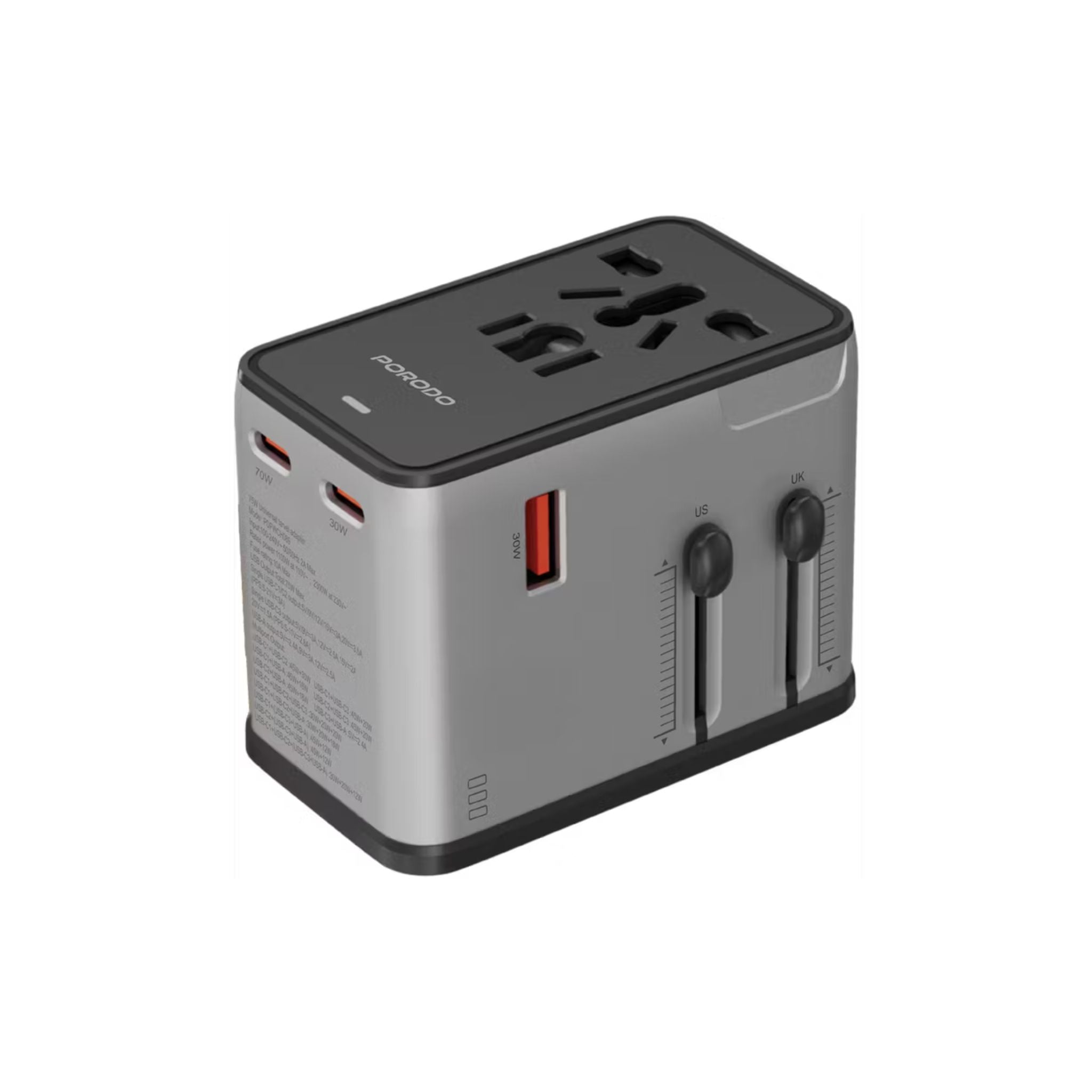 Travel adapter with multiple sockets on a white background