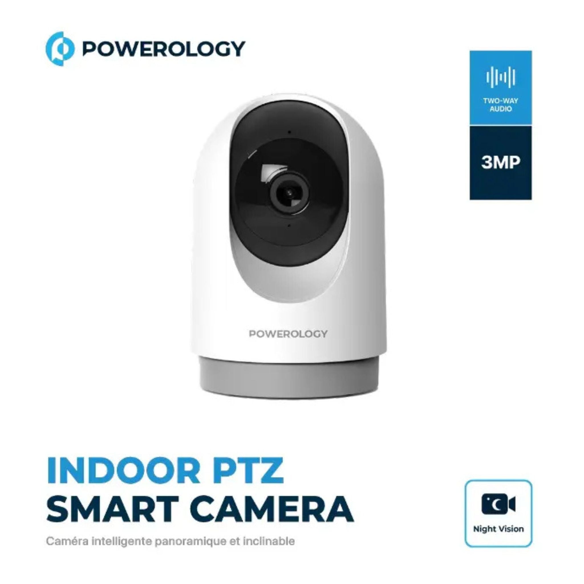 Powerology Indoor PTZ Smart Camera, 3MP 2304×1296 Resolution, Pan & Tilt Control, Human Detection, Motion Sensor, Two-Way Audio, Night Vision 8–10m, 2.4GHz Wi-Fi, TF Card Support up to 256GB, Android & iOS Compatible – White