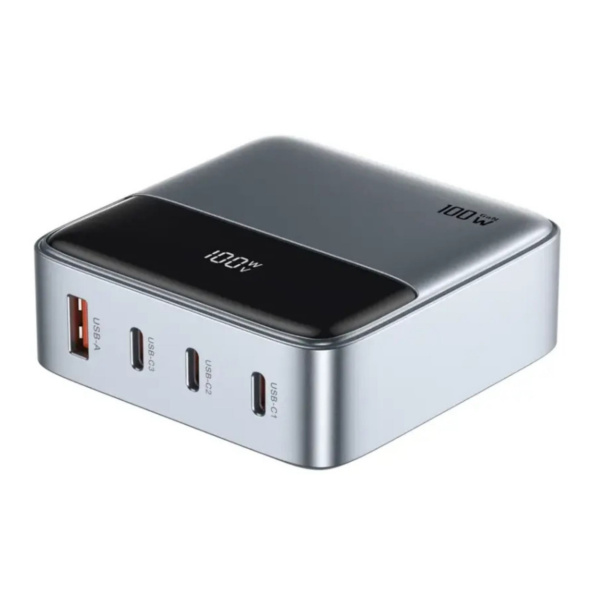 A gray Green Lion 100W GaN Premium UK Plug Adapter with multiple ports, including three Type-C and one USB-A, visible on the front panel.