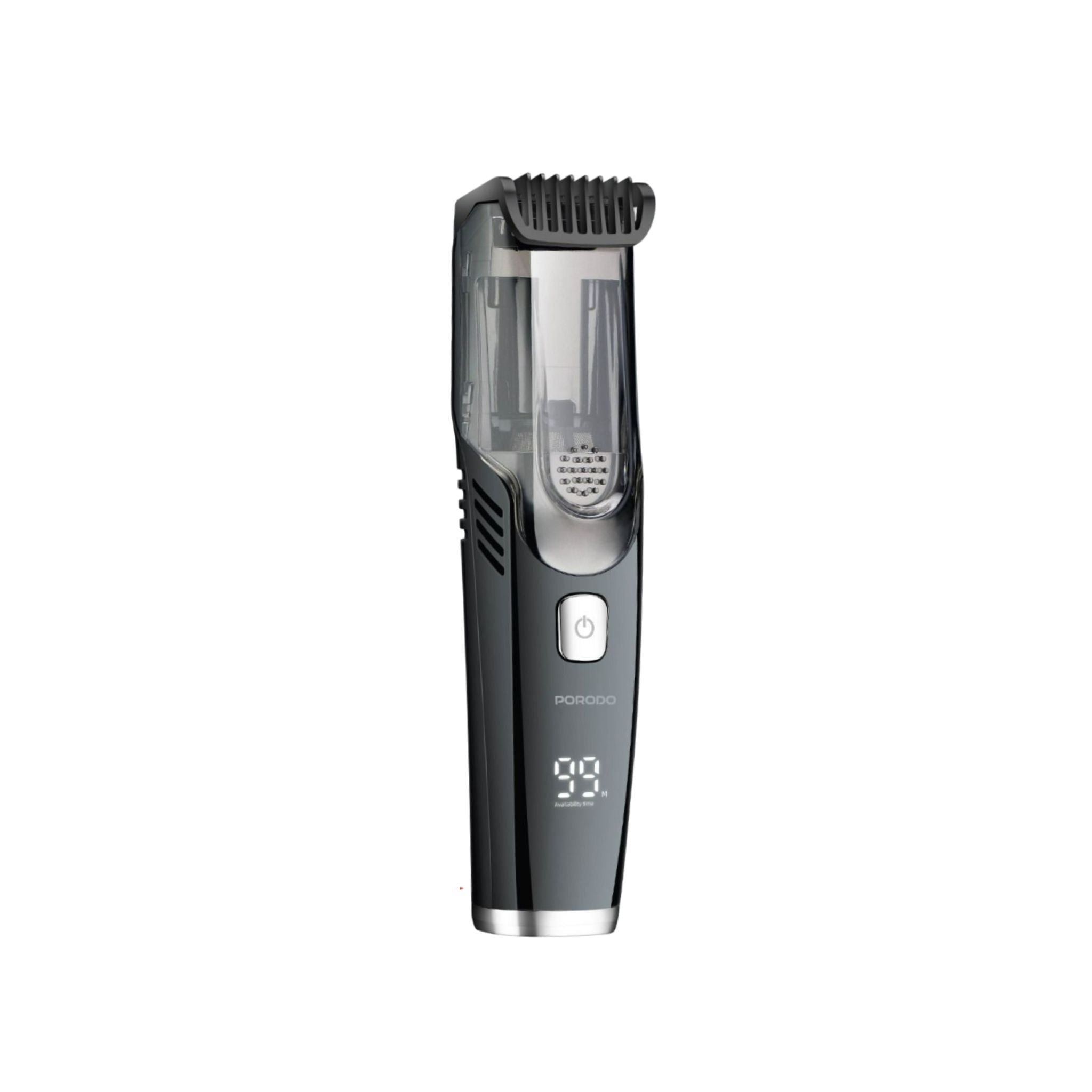 A grey and black Porodo Lifetsyle Waterproof Dual Rechargeable Vacuum Trimmer with a digital display and a transparent dust compartment.