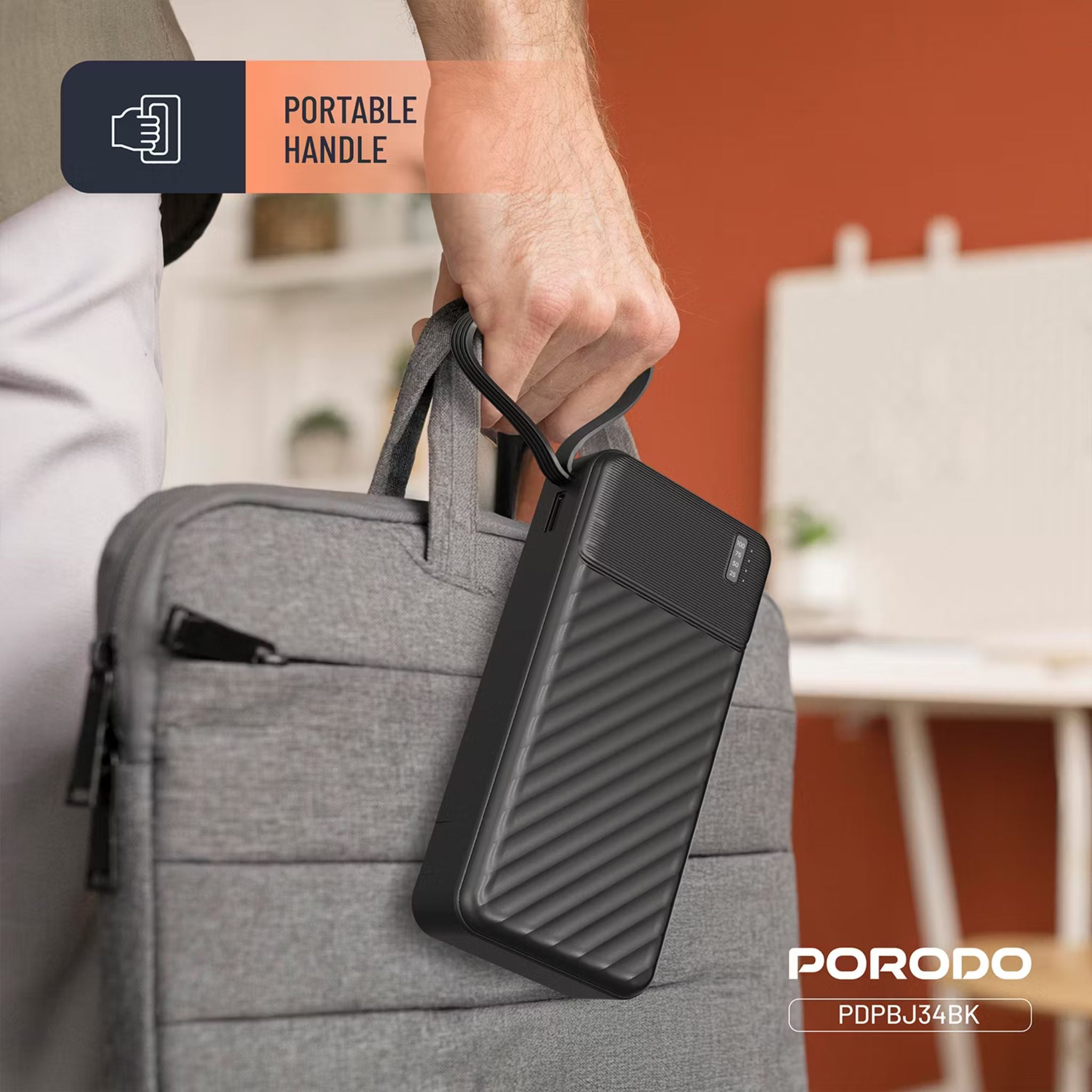 Porodo Piano 20000mAh Power Bank with Flashlight, Portable Handle, Phone Stand, 4 Integrated Cables, USB-A & USB-C & Micro Ports, Fast Charge Support, Universal Compatibility - Black