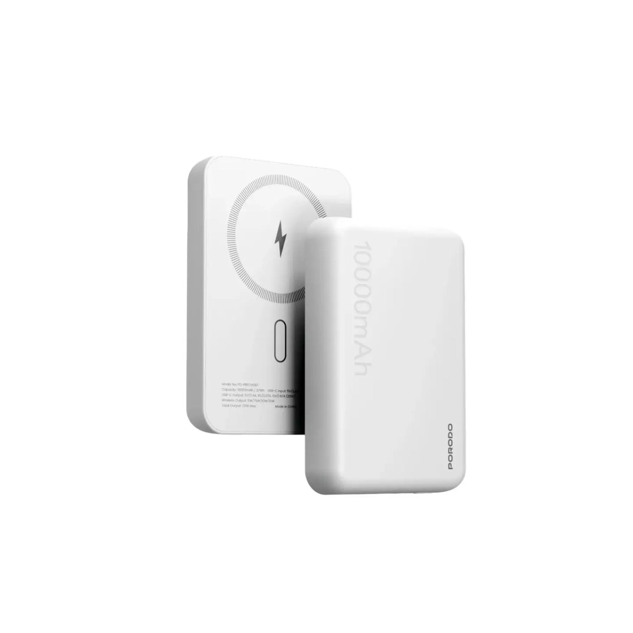 A white Porodo MagSafe power bank with a strong magnetic hold, Type-C input and output ports, and a digital display indicating the battery percentage.