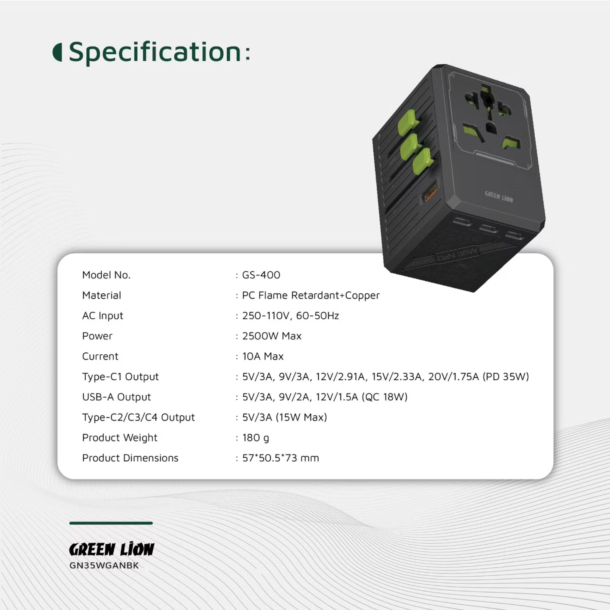 Green Lion GaN Adapter 6-in-1 & 2-in-2 Cable, PC Flame Retardant & Copper Material, PD 35W Fast Charging, Universal AC Sockets - Black