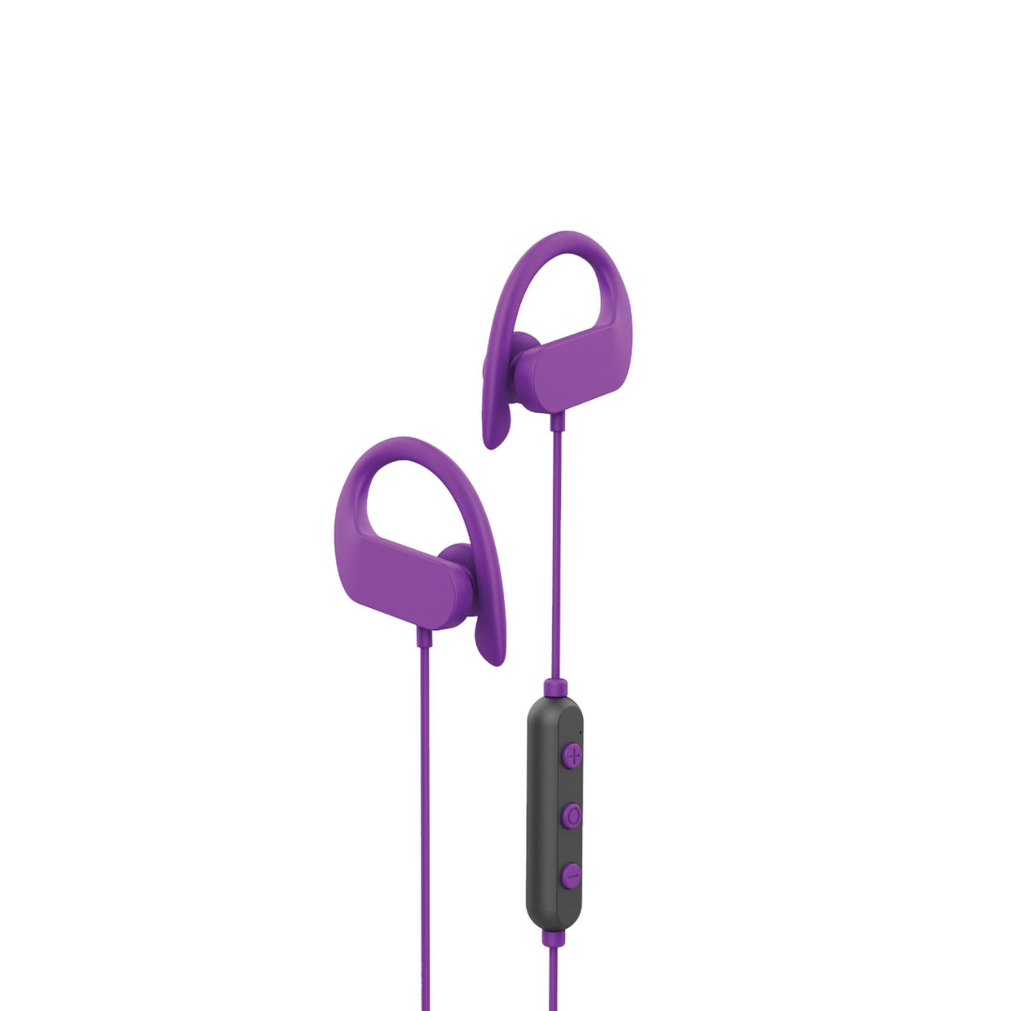 A pair of purple in-ear wireless earbuds with a charging case.