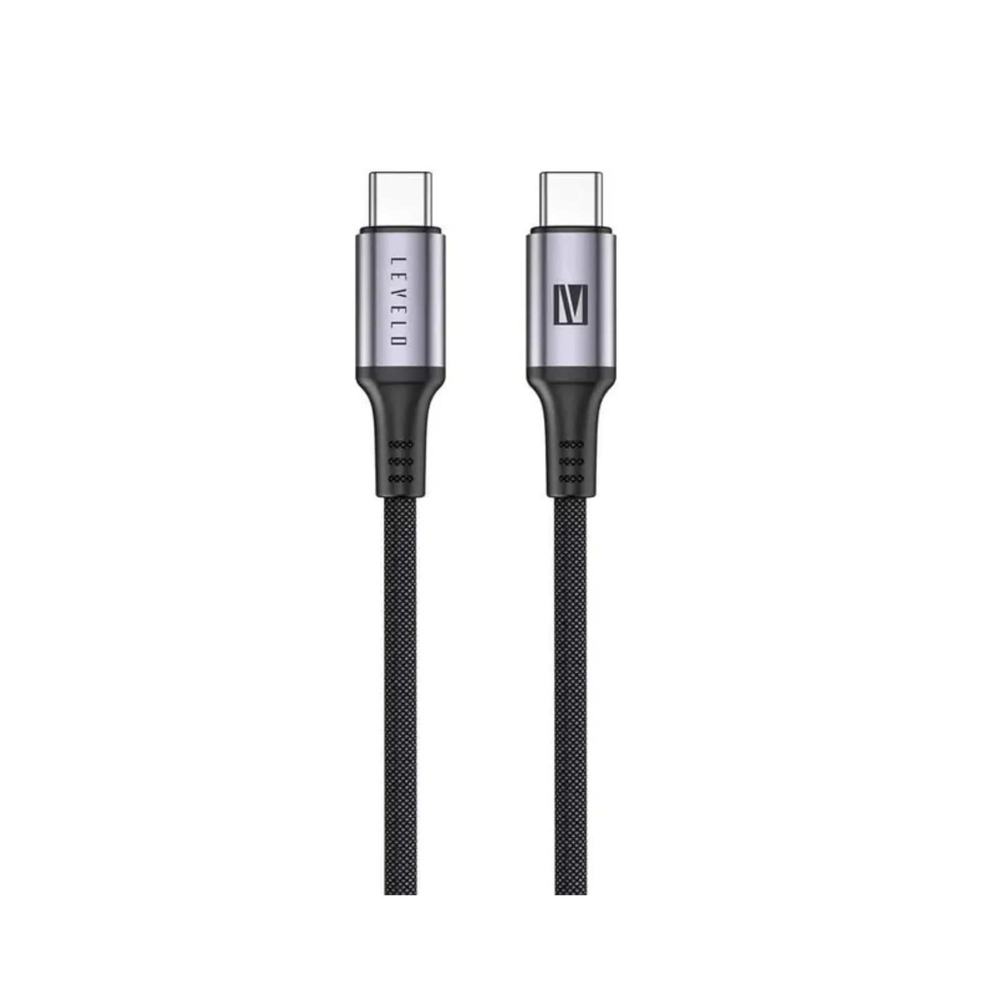 A black Levelo Otto USB-C to Type-C 60W leather charging cable with a tangle-free design, displayed against a white background.