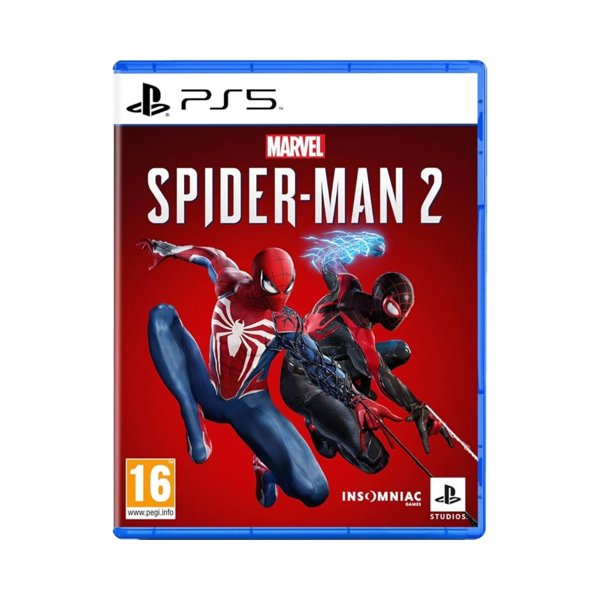 PlayStation 5 game disc for 'Marvel's Spider-Man 2' with Spider-Man artwork on a red background.