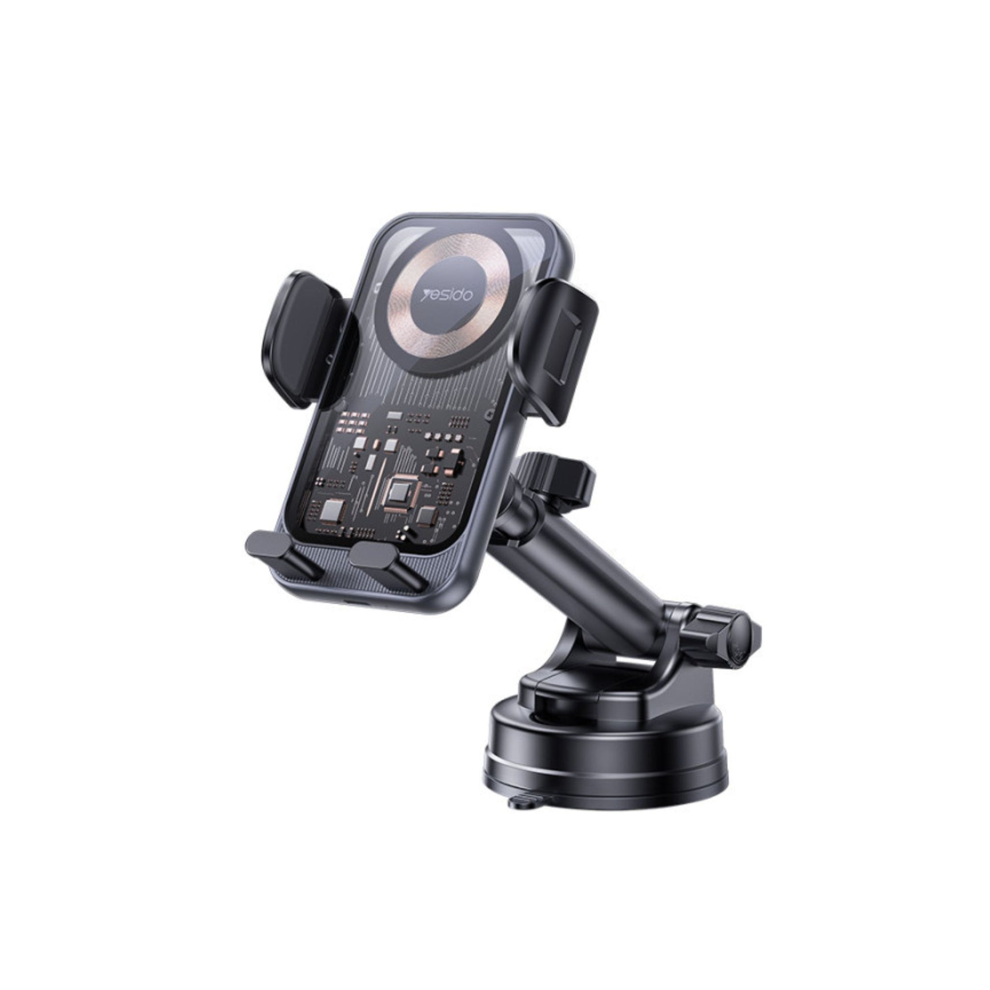 A black car phone holder with a 360-degree rotating base and a telescopic clamp arm, designed for dashboard or windshield placement.