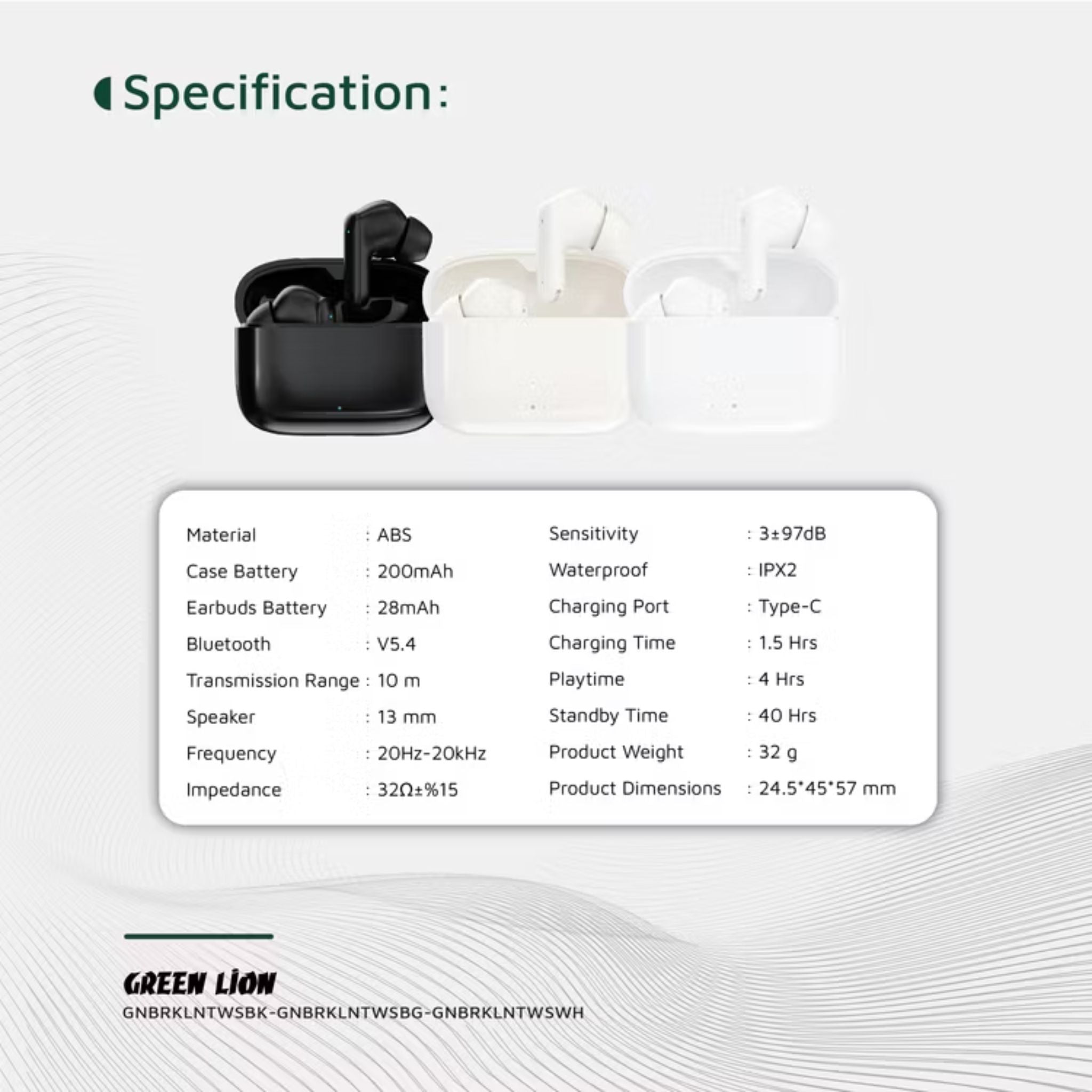 Green Lion Brooklyn True Wireless Earbuds with Voice Assistant, 4 Hours Playtime, Built-in Microphone, HiFi Sound, Touch Control, Dual-Mic - White
