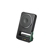 Black electronic device with a circular component on a white background