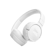 A single white JBL T670 over-ear noise cancelling Bluetooth stereo wireless headphone with a flat-fold design and a detachable cable.
