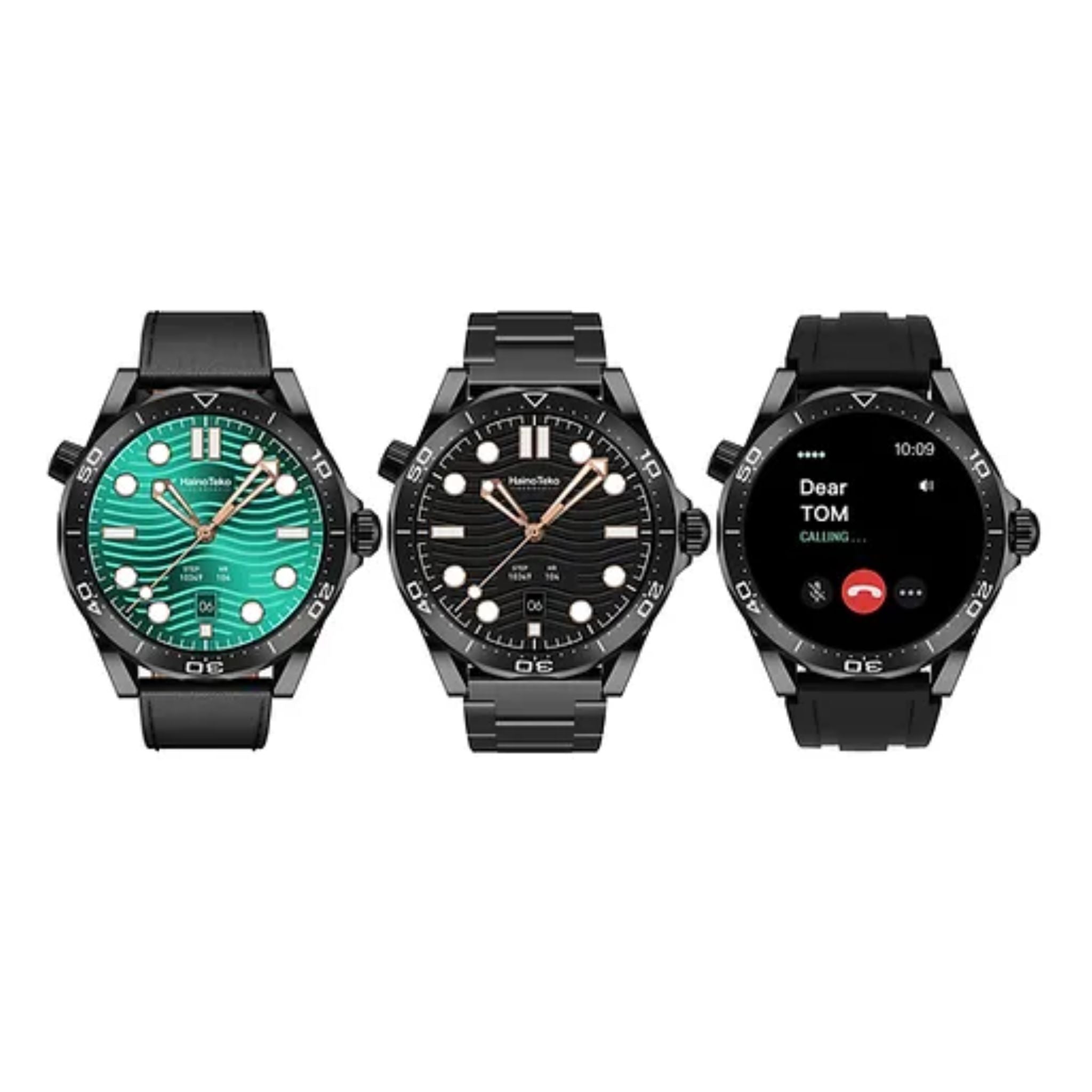Haino Teko RW48 Smartwatch with 3 Strap Pairs (Silicone, Leather, Stainless Steel) – Black