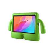 Green tablet stand with a colorful screen on a white background