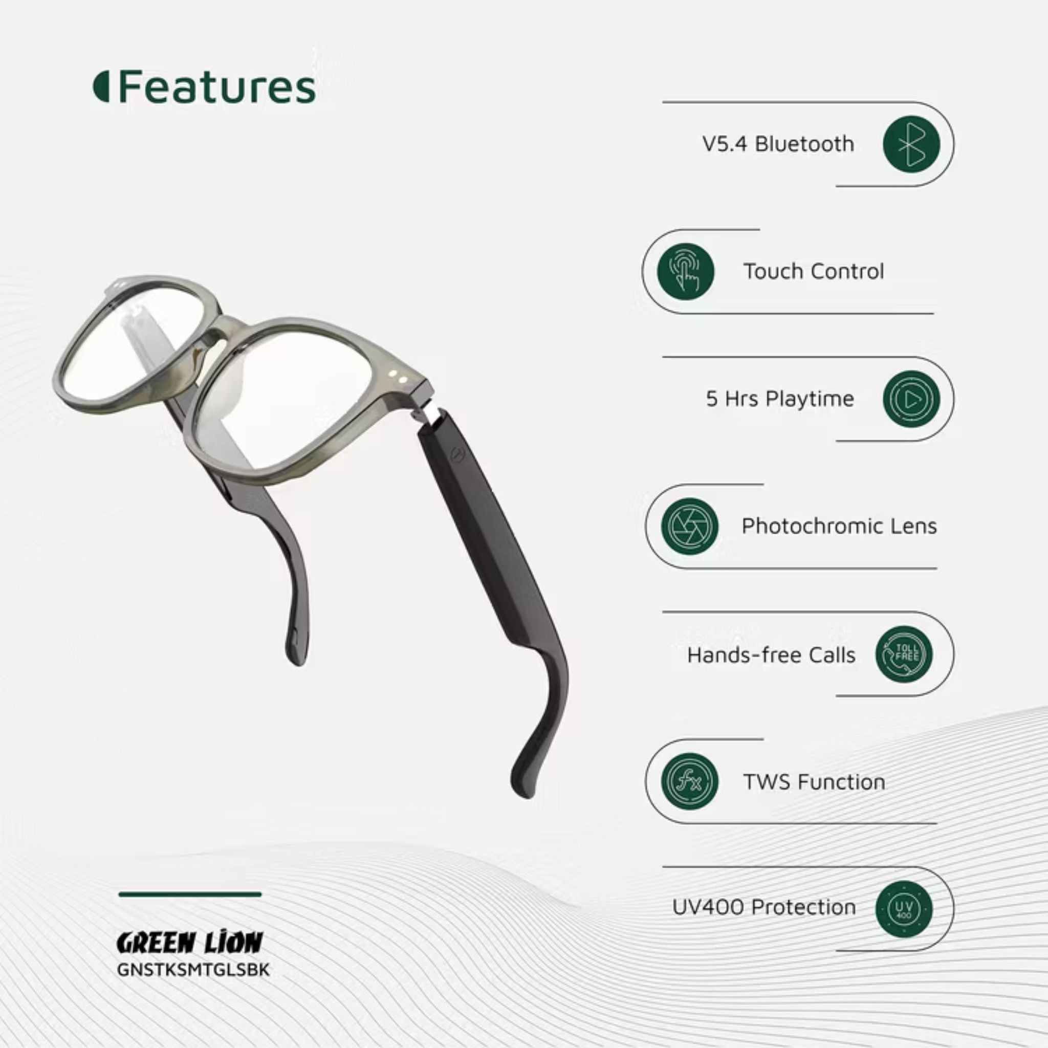 Green Lion Stockholm Smart Glasses – Touch Control, UV400, Mic, Remote Camera, Voice Assistant, Photochromic Polarized Lenses, Anti-Blue Light, 5H Playtime, 1.5H Magnetic Charge, 10m Range – Black