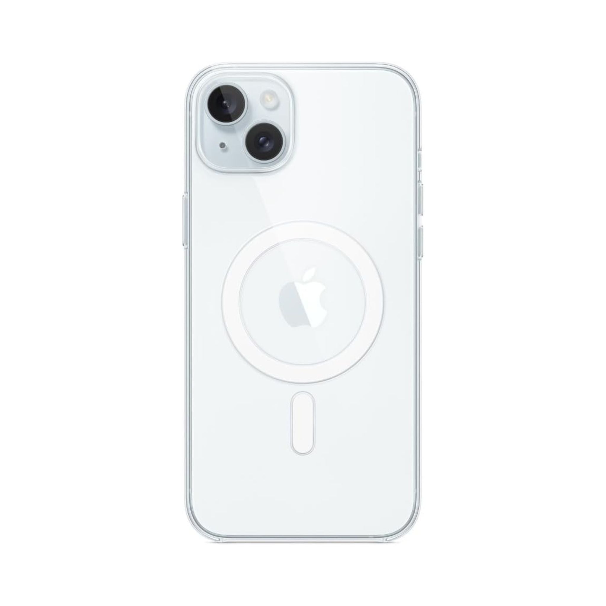 Clear case for iPhone 15 Plus with MagSafe feature visible on the back.