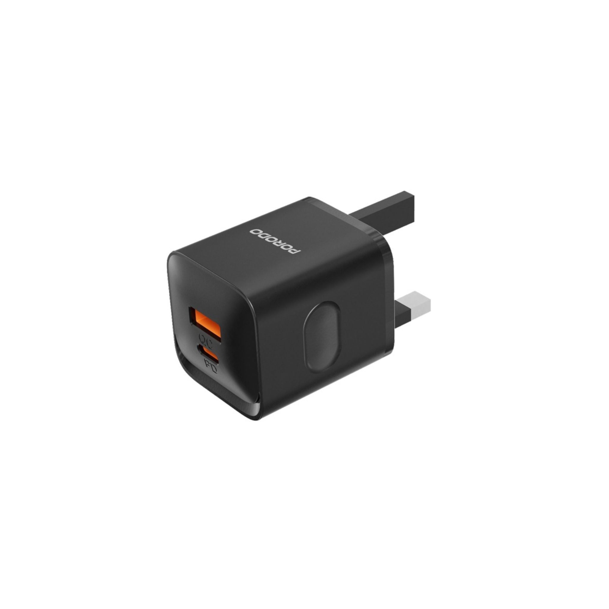 Porodo Dual Port Wall Charger UK with USB-C to USB-C Cable, PD 20W, QC 20W, Over-Heat Protection, UK Plug, 1.2 Cable Length - Black