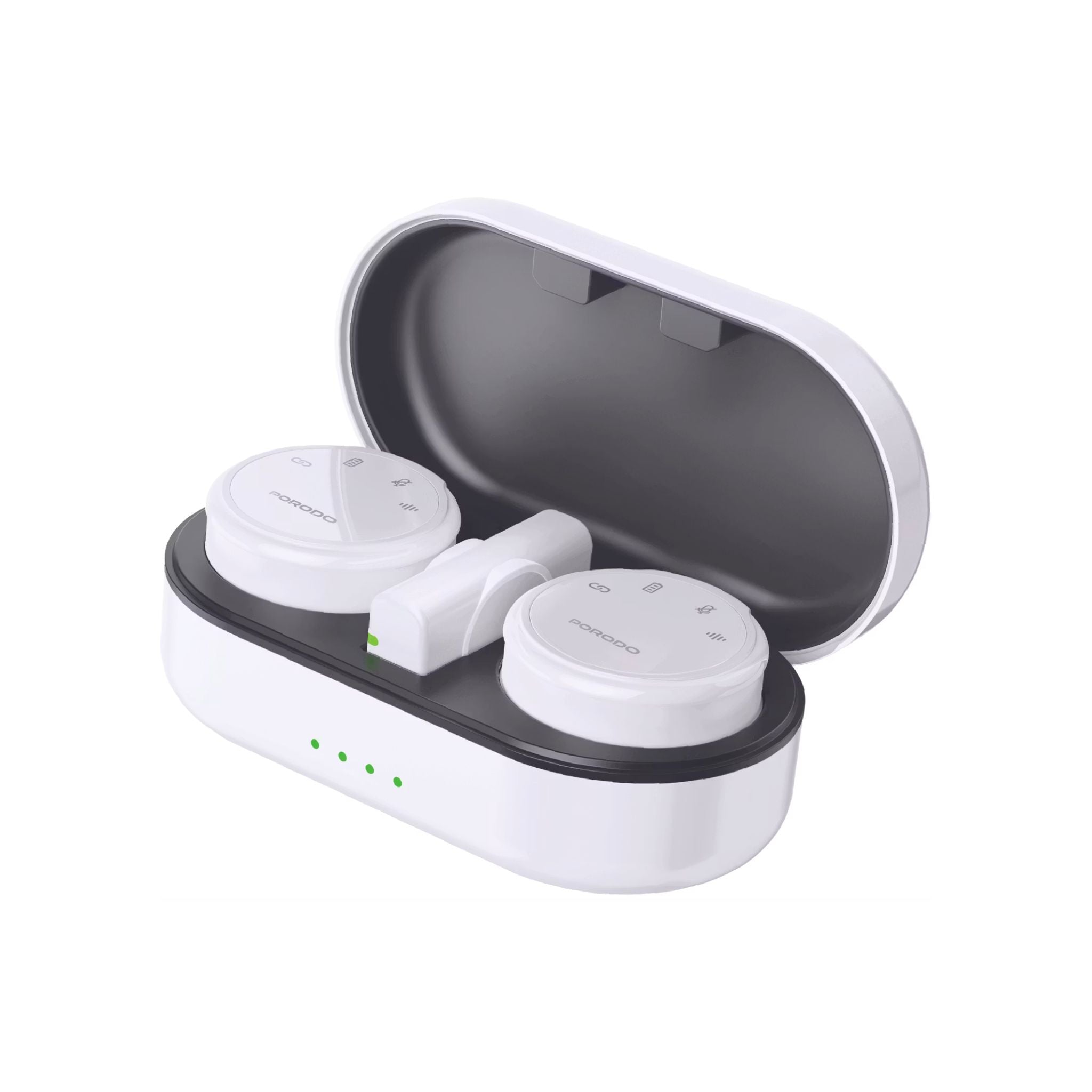 Porodo Lavalier Wireless Dual Mic with Charging Case, 22.5H Playtime, ≤20ms Latency, 2.4GHz, Plug & Play, Magnetic Clip, White