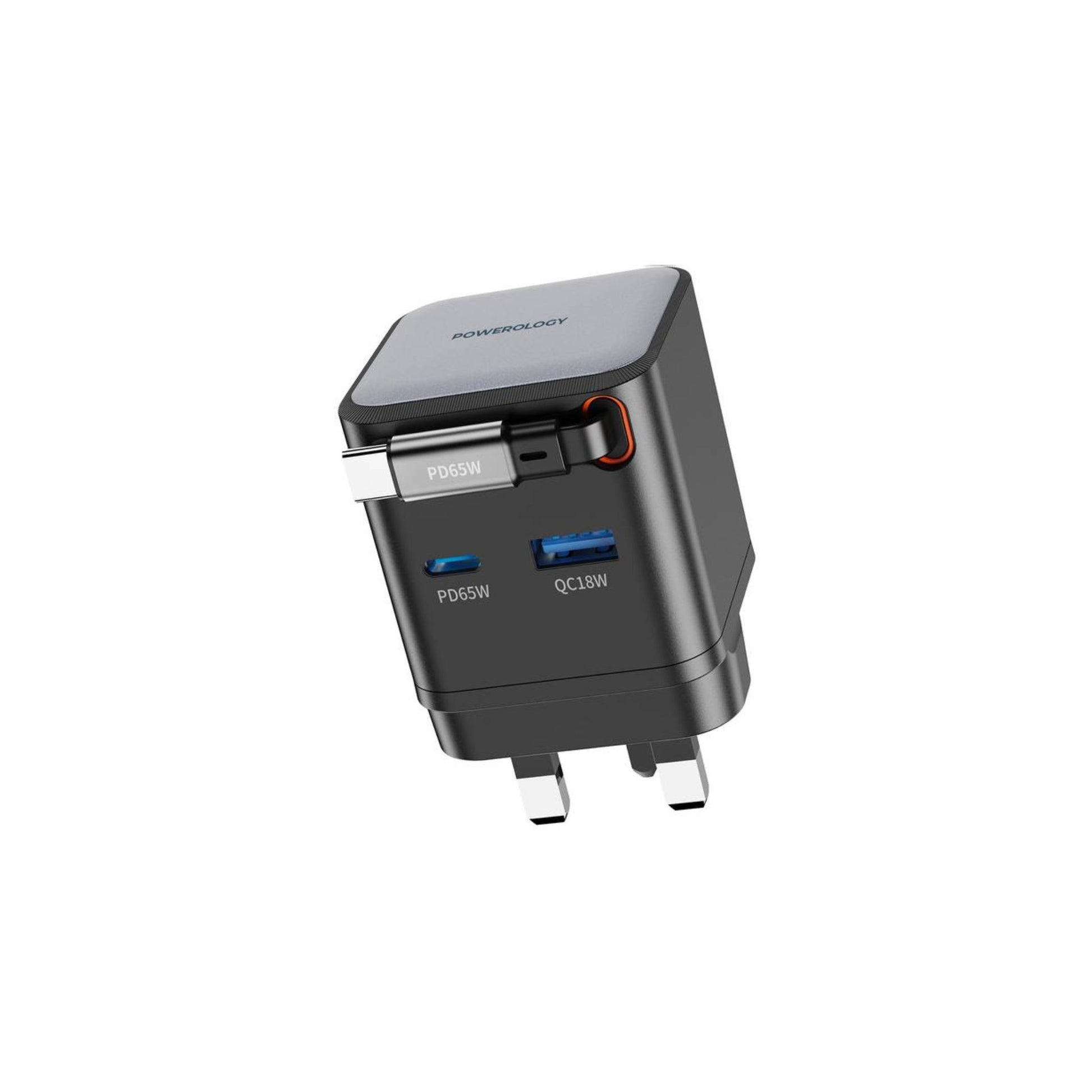 A black Powerology Dual Port Retractable GaN Charger with a retractable Type-C cable and a UK 3-pin socket.