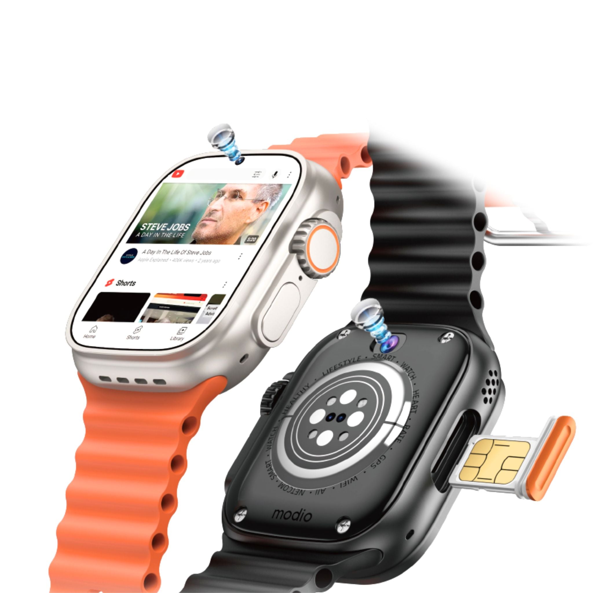 A black Modio Ultra Smart Watch with a orange strap and a rectangular full touch screen displaying an app interface. It also features a visible SIM card slot on the right side.