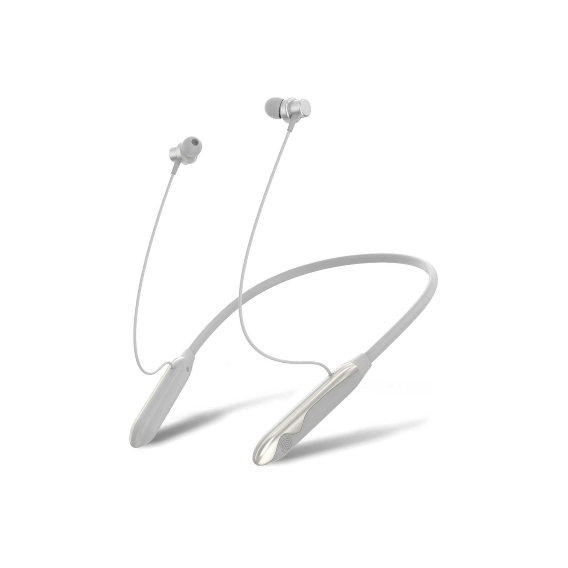 A silver wireless neckband earphone with a microphone and control buttons, designed for one-ear use.