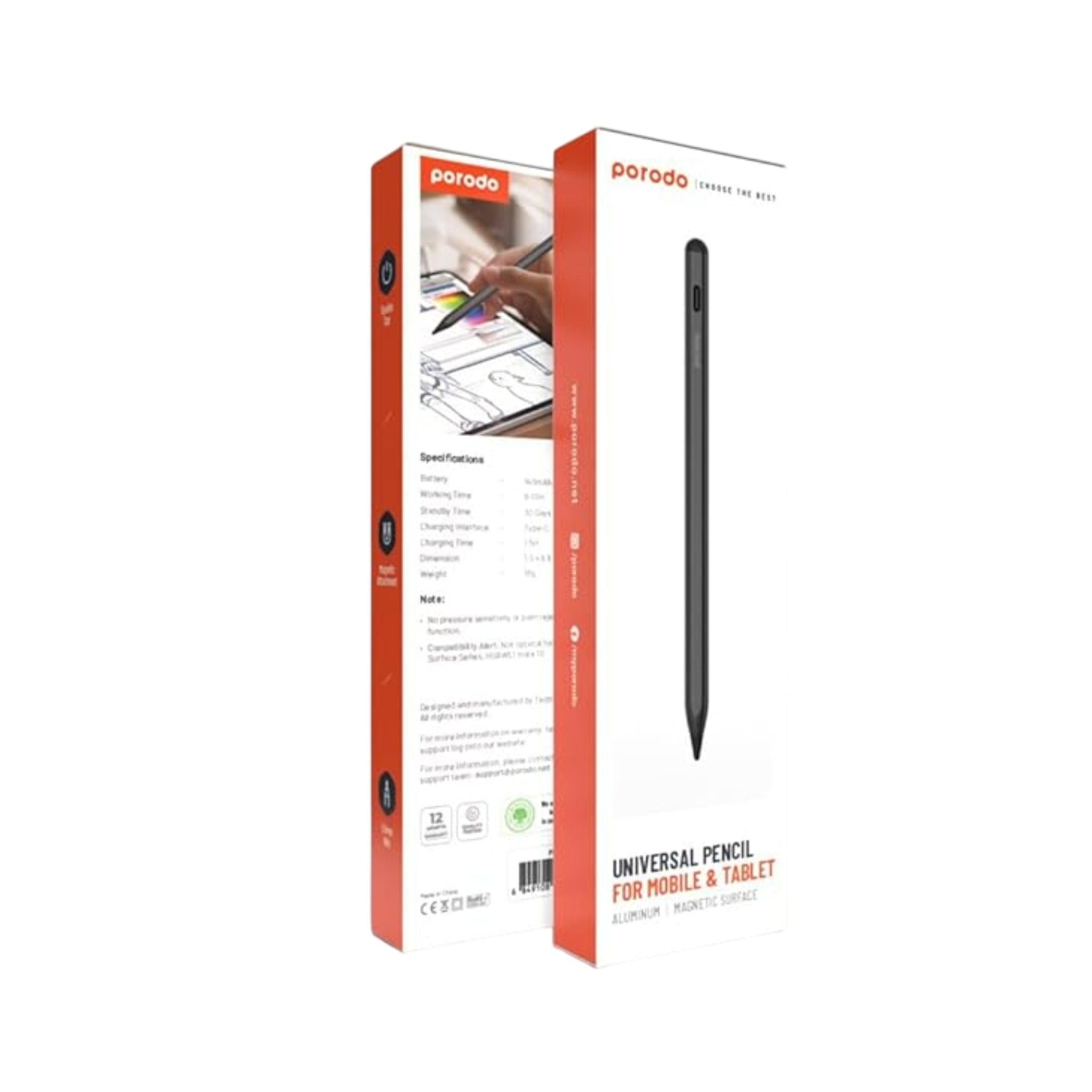 Porodo Universal Pencil For Mobile and Tablet with 1.5mm Tip, 30 Days Standby Time, 8 to 10 Hours Working Time, 1.5 Hours Charging Time, 140mAh Battery Capacity - Black