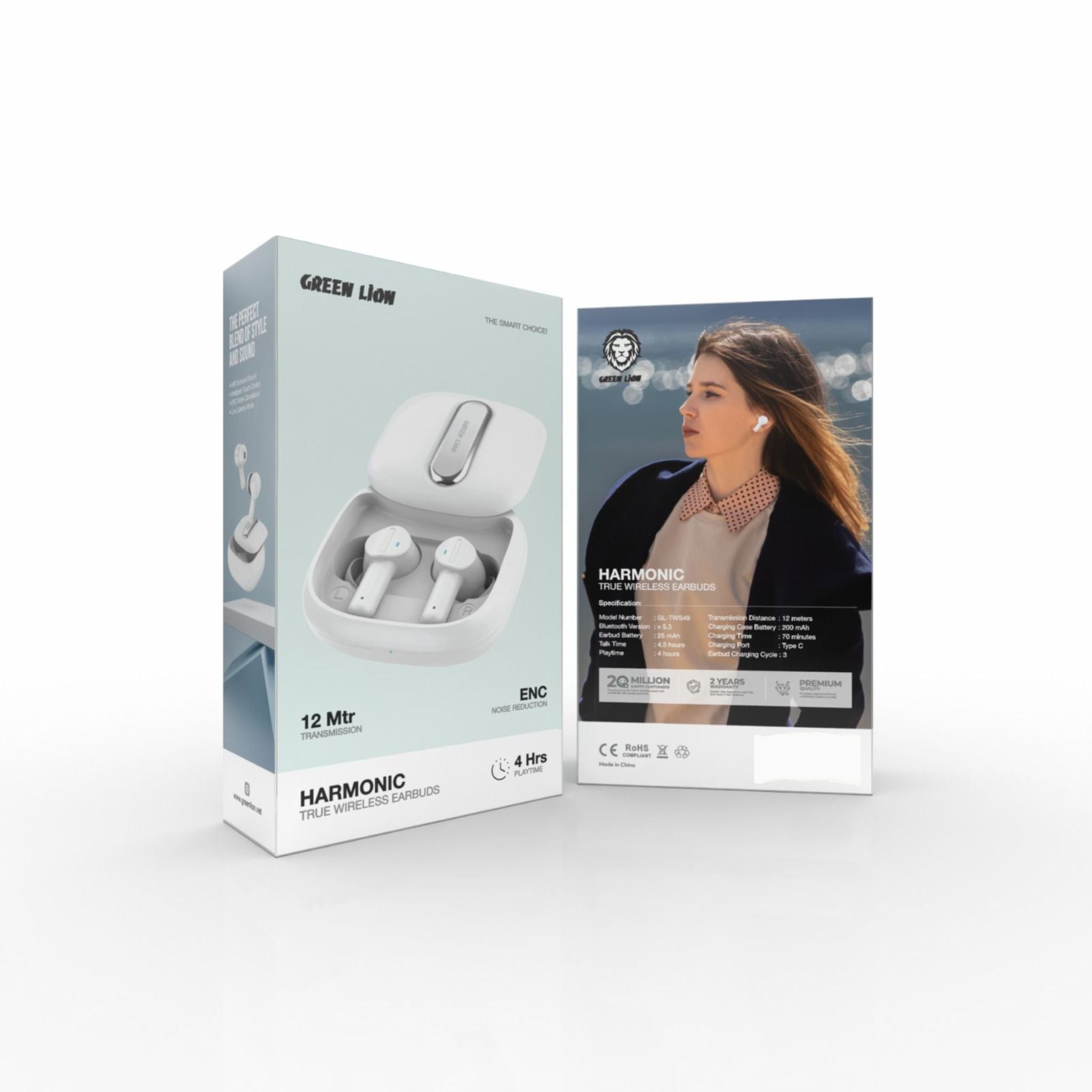 Green Lion Harmonic True Wireless Earbuds with IPX4 Water Resistance, Bluetooth Version 5.3, Multi-Function Touch, 4.5 Hours Talking Time, 4 Hours Playtime, ENC Noise Reduction - White