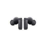 Black wireless earbuds on a white background
