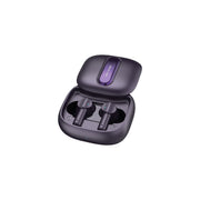 The image shows a pair of purple true wireless earbuds with a charging case.