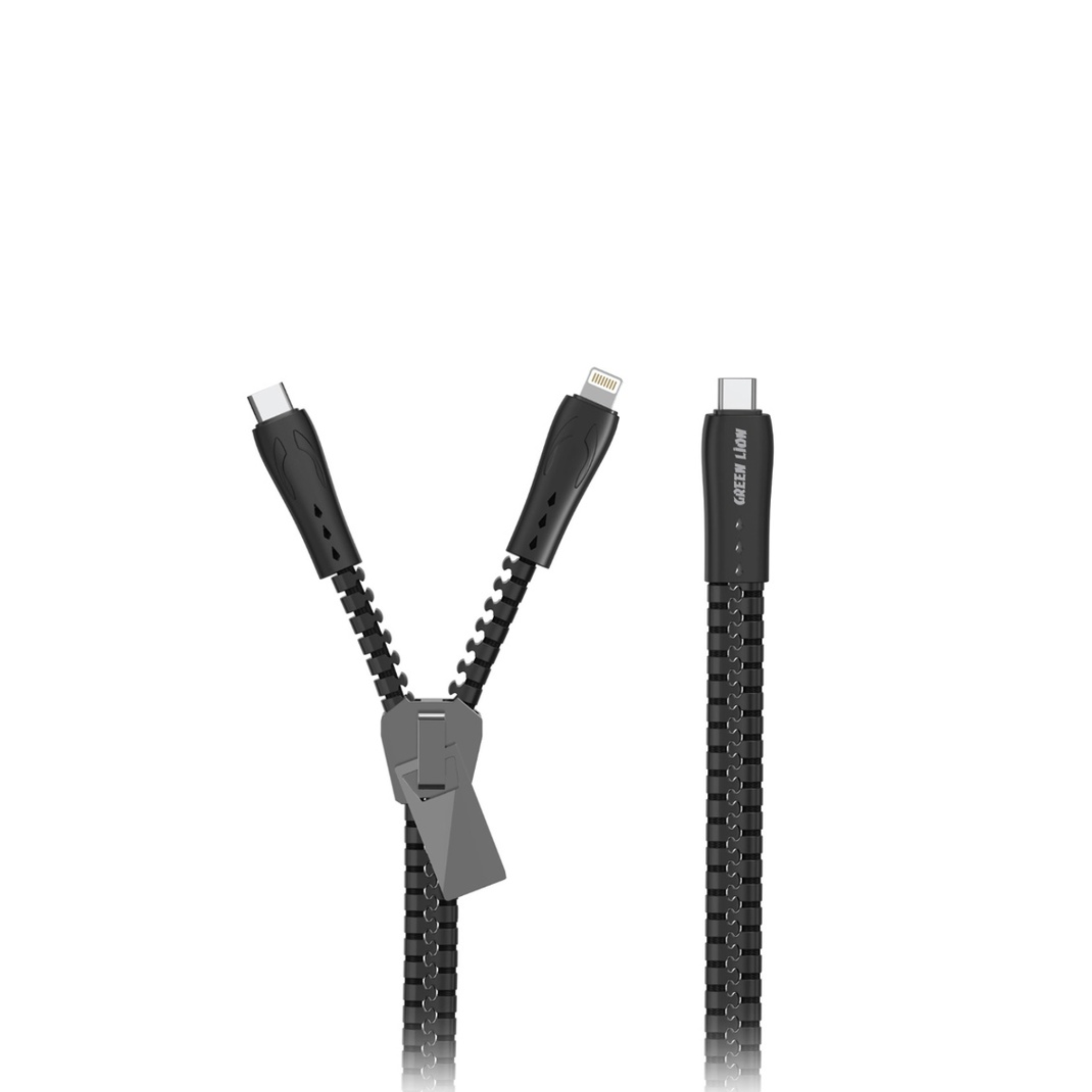 A black Green Lion 2-in-1 zipper cable with a Type-C to Lightning/Type-C connector.