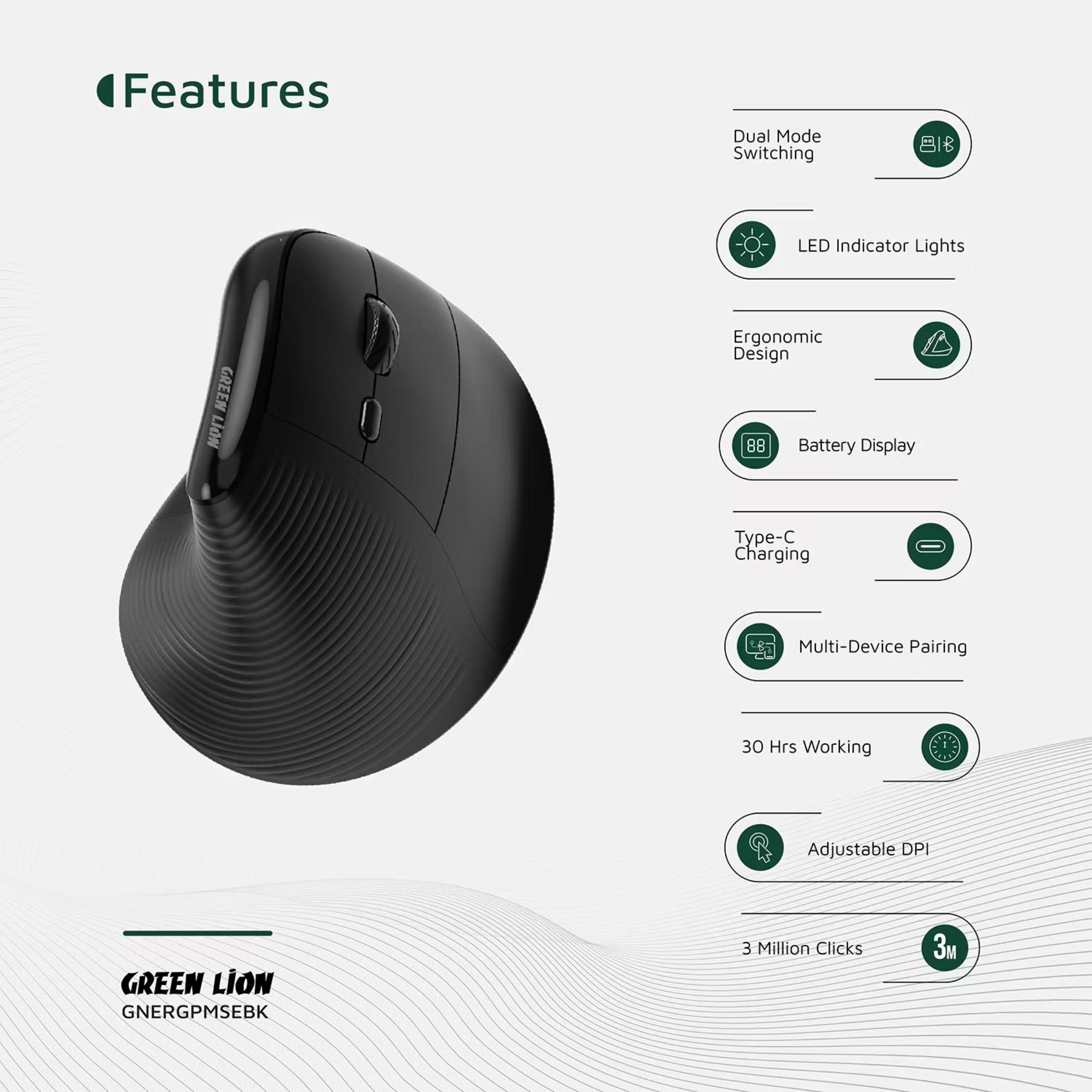 Green Lion Ergo Grip Vertical Mouse with Adjustable DPI, Multi-Device Pairing, 2 Hours Charging Time, 30 Hours Working Time, 60cm Type-C Cable Length, 10m Transmission Distance - Black