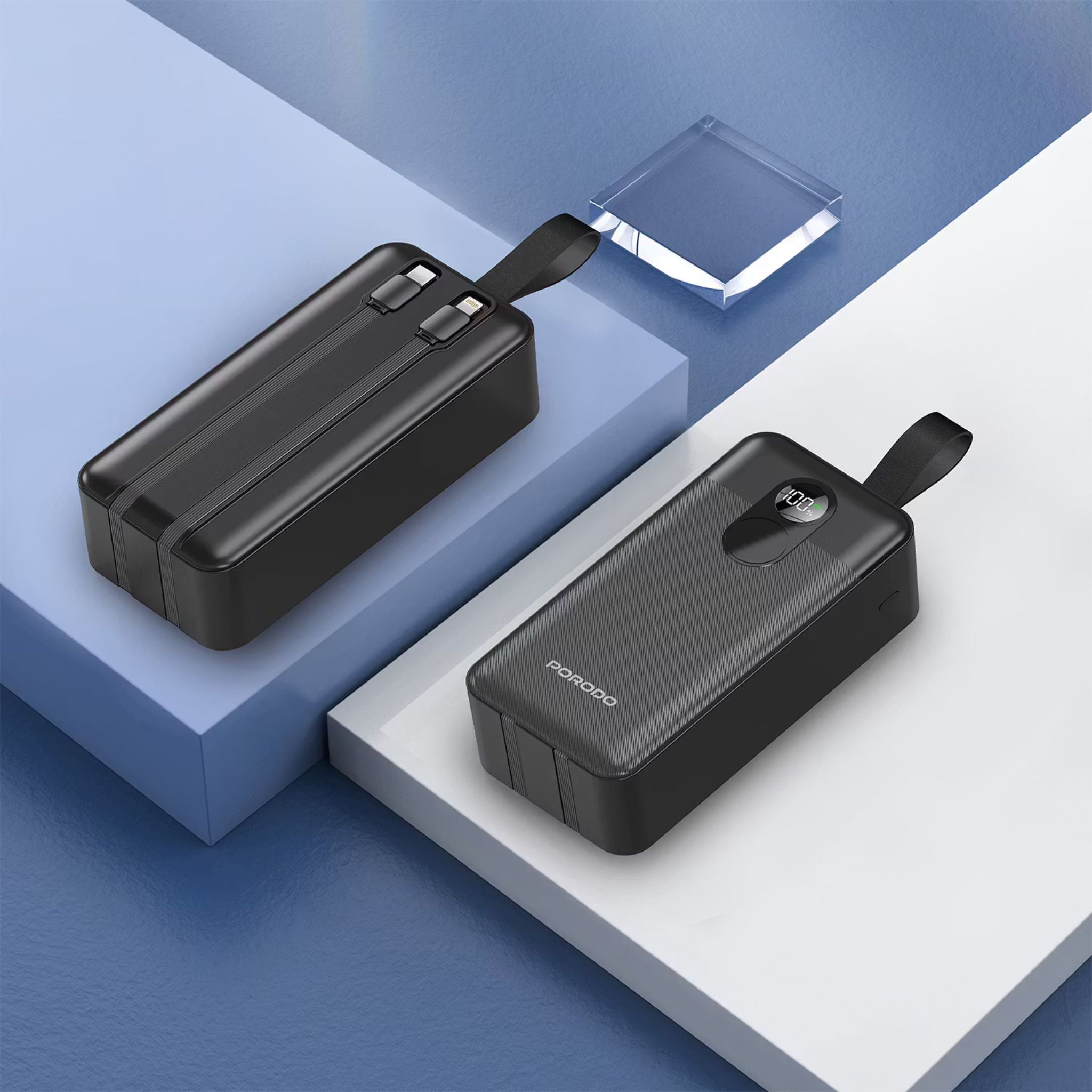 Porodo 50000mAh Power Bank with Built-in Type-C & Lightning Cables, 22.5W Power Delivery, Simultaneous Charging, 0%-60% Charge in 35 Minutes, Digital Display - Black