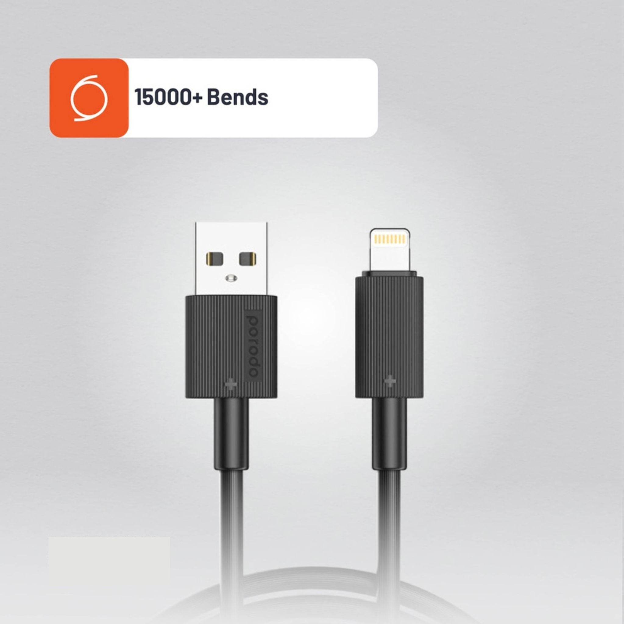 Porodo USB-A to Lightning Durable Charging Cable with 3m Length, PVC Material, Fast Charge & Data Sync, 15000+ Bends Lifespan, 480Mbps Data Transfer Speed, Tangle-Free Design - Black