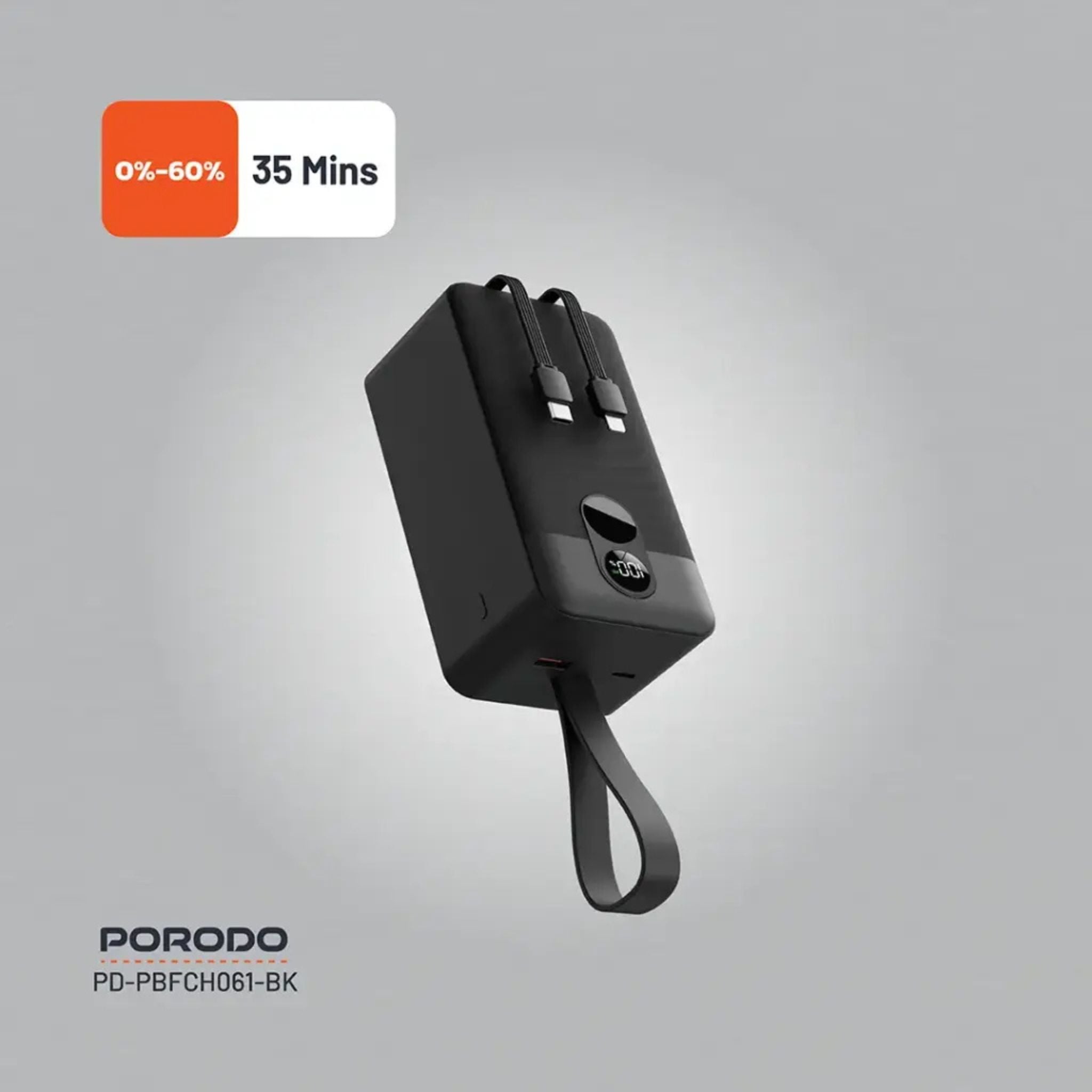 Porodo 50000mAh Power Bank with Built-in Type-C & Lightning Cables, 22.5W Power Delivery, Simultaneous Charging, 0%-60% Charge in 35 Minutes, Digital Display - Black