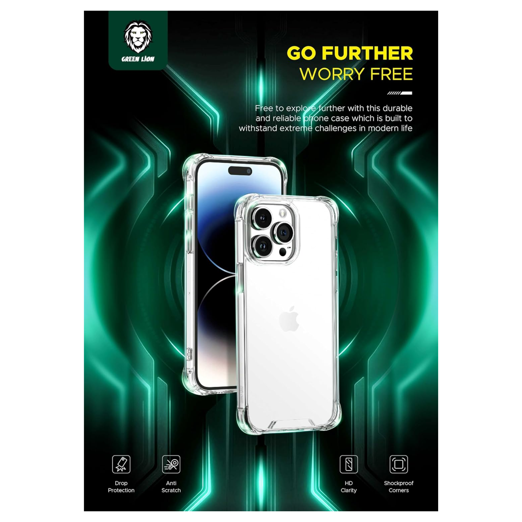 Green Lion for iPhone 15 Pro Max Case - Anti-Shock Case - Anti-Scratch - Drop Resistant Protective Cover - Shockproof - Full Slim Bumper Protection Back Cover for iPhone 15 Pro Max 6.7" - Clear