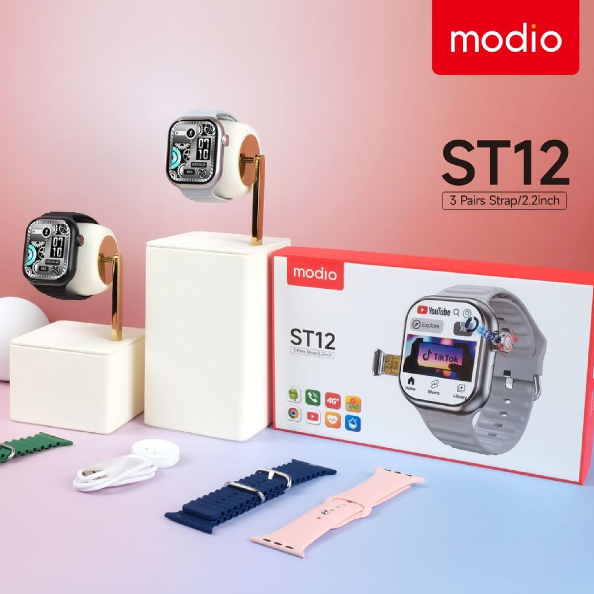 Modio ST12 4G Network 3 Pairs Strap/2.2 inch Smartwatch- Silver