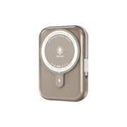 Beige electronic device with a circular component on a white background