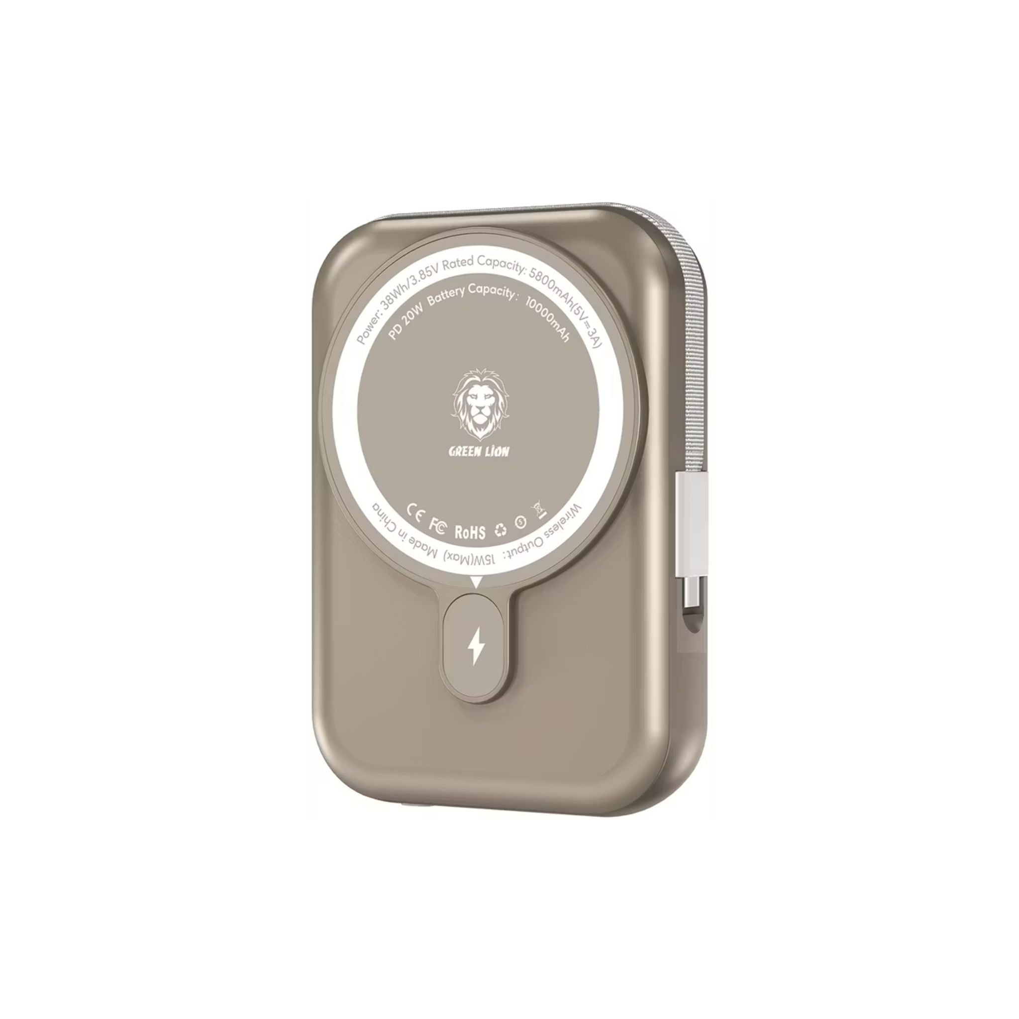 Beige electronic device with a circular component on a white background