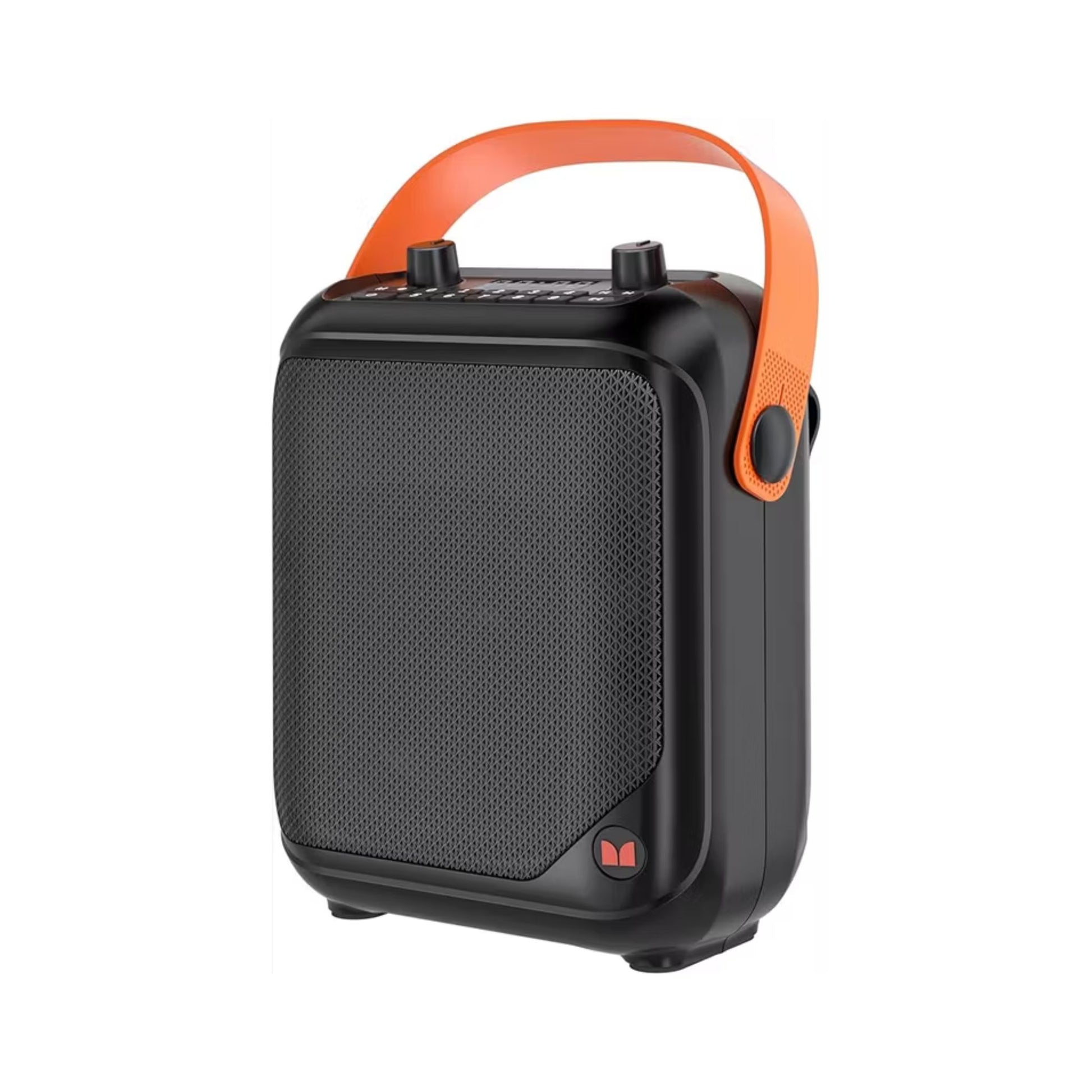 A portable Monster Bluetooth speaker with black and orange color accents, featuring a handle and control buttons on the top.