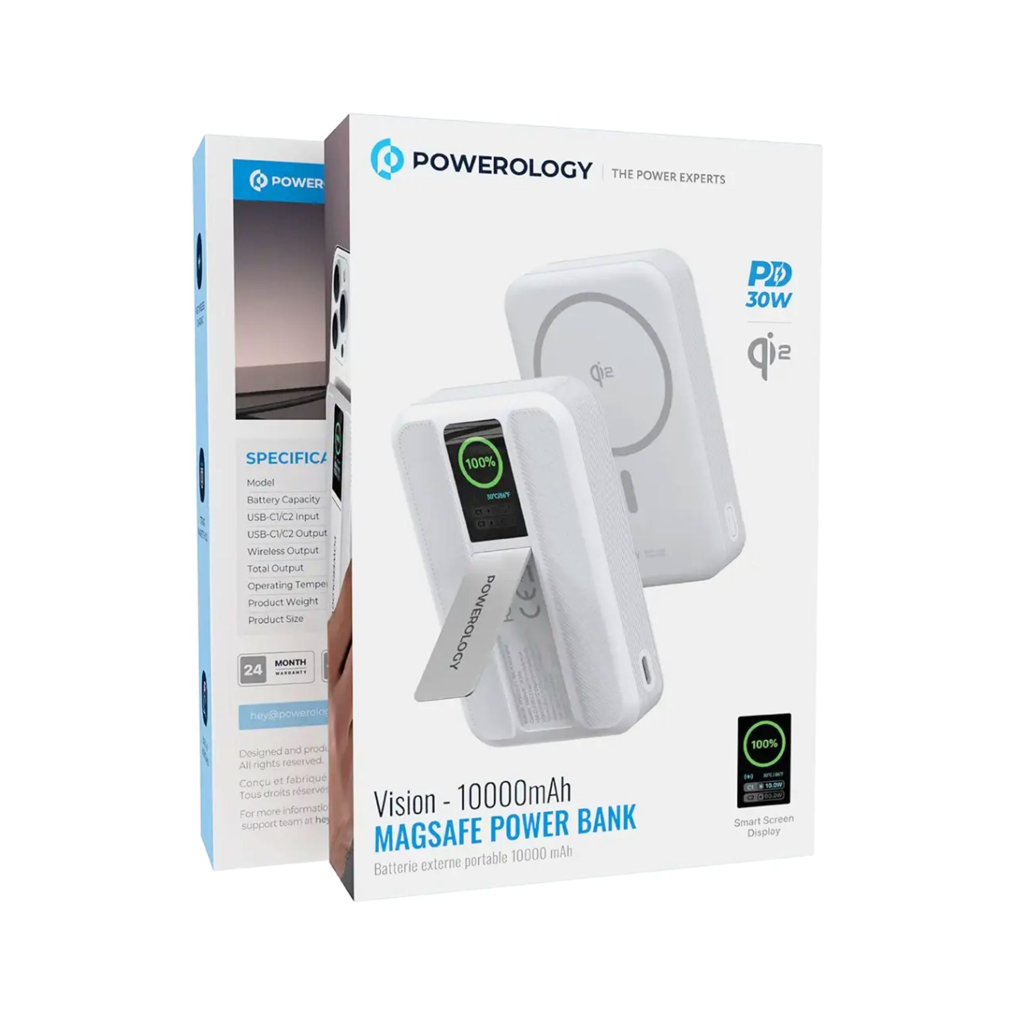 Powerology Vision 10000mAh MagSafe Power Bank with PD 30W, Qi2 Technology, Dual USB-C Ports, Strong Magnetic Holder, Built-in Kickstand, Smart Screen Display - White