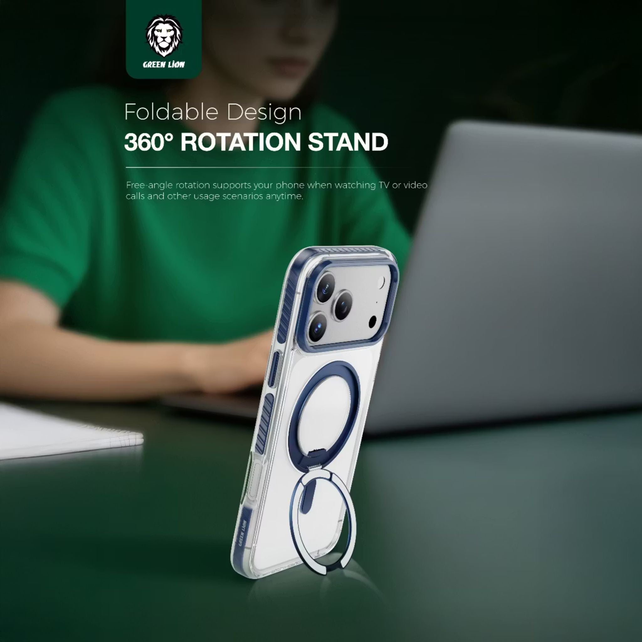 Green Lion Southend Magsafe Case for iPhone 17 Pro Max, Camera Protection, Hybrid Materials, Built-in Kickstand Ring with 360° Rotation, Military-Grade Protection - Blue
