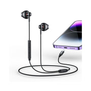 Bluetooth earbuds with a smartphone on a white background